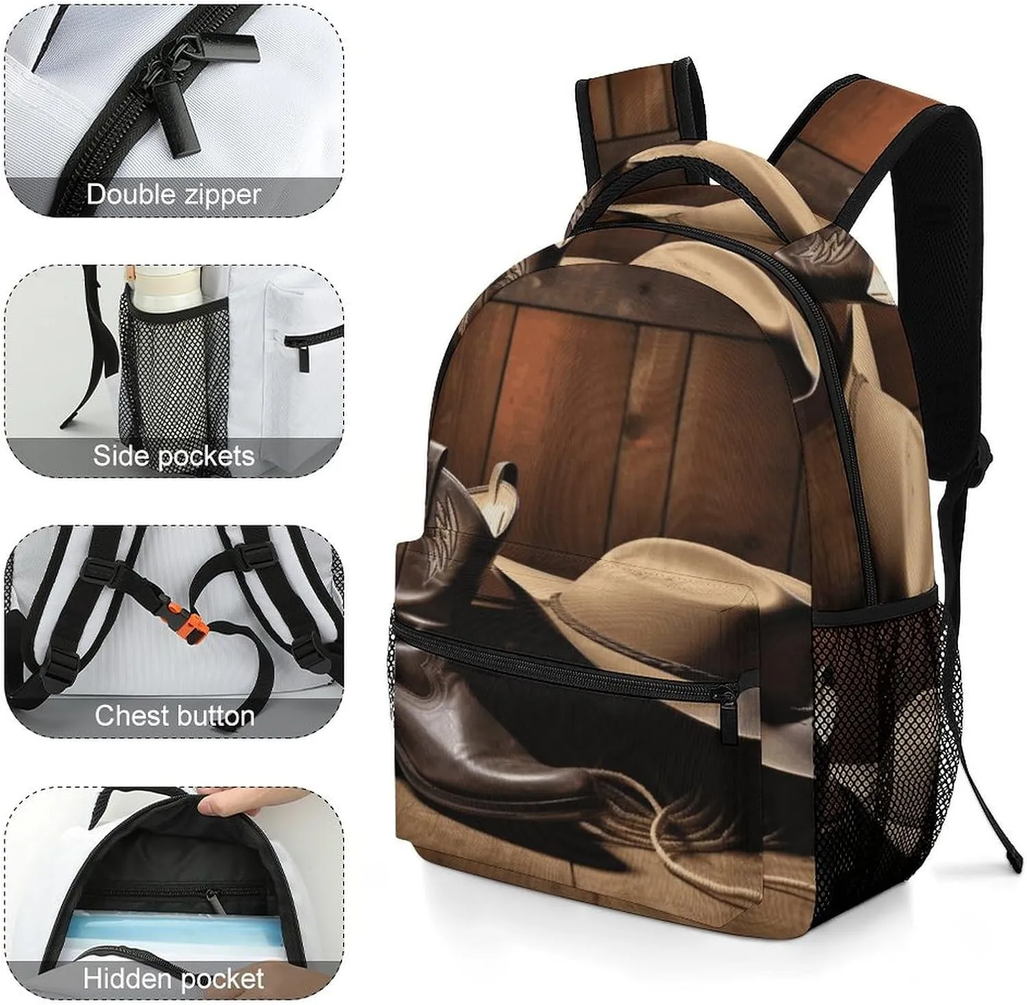 Small Backpacks Personalized Cowboy Black Hat Western Boots Printing Travel Bag Lightweight Travel Backpack For Women Men