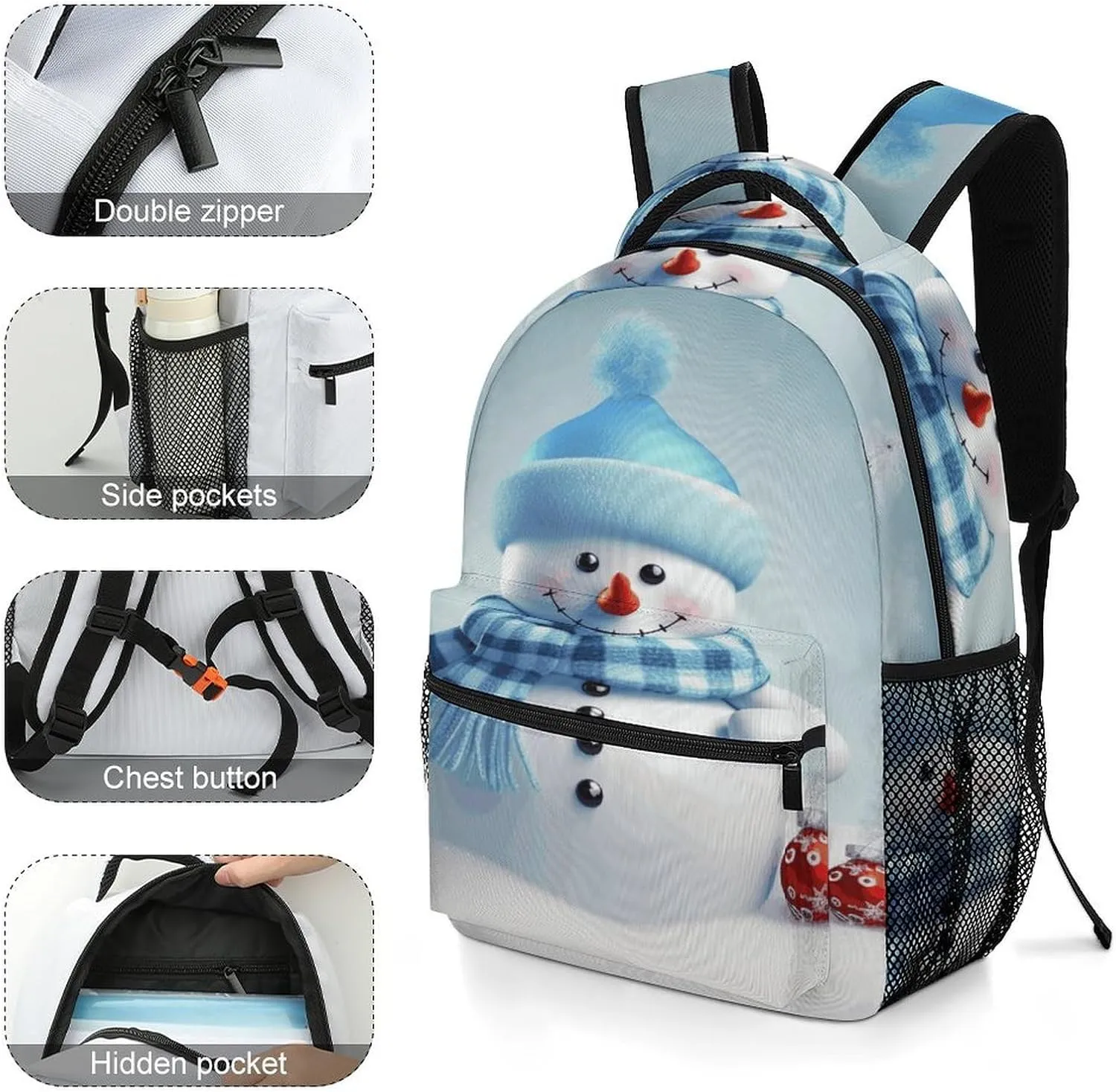 Small Backpacks Personalized Cute Snowman Printing Travel Bag Lightweight Travel Backpack For Women Men