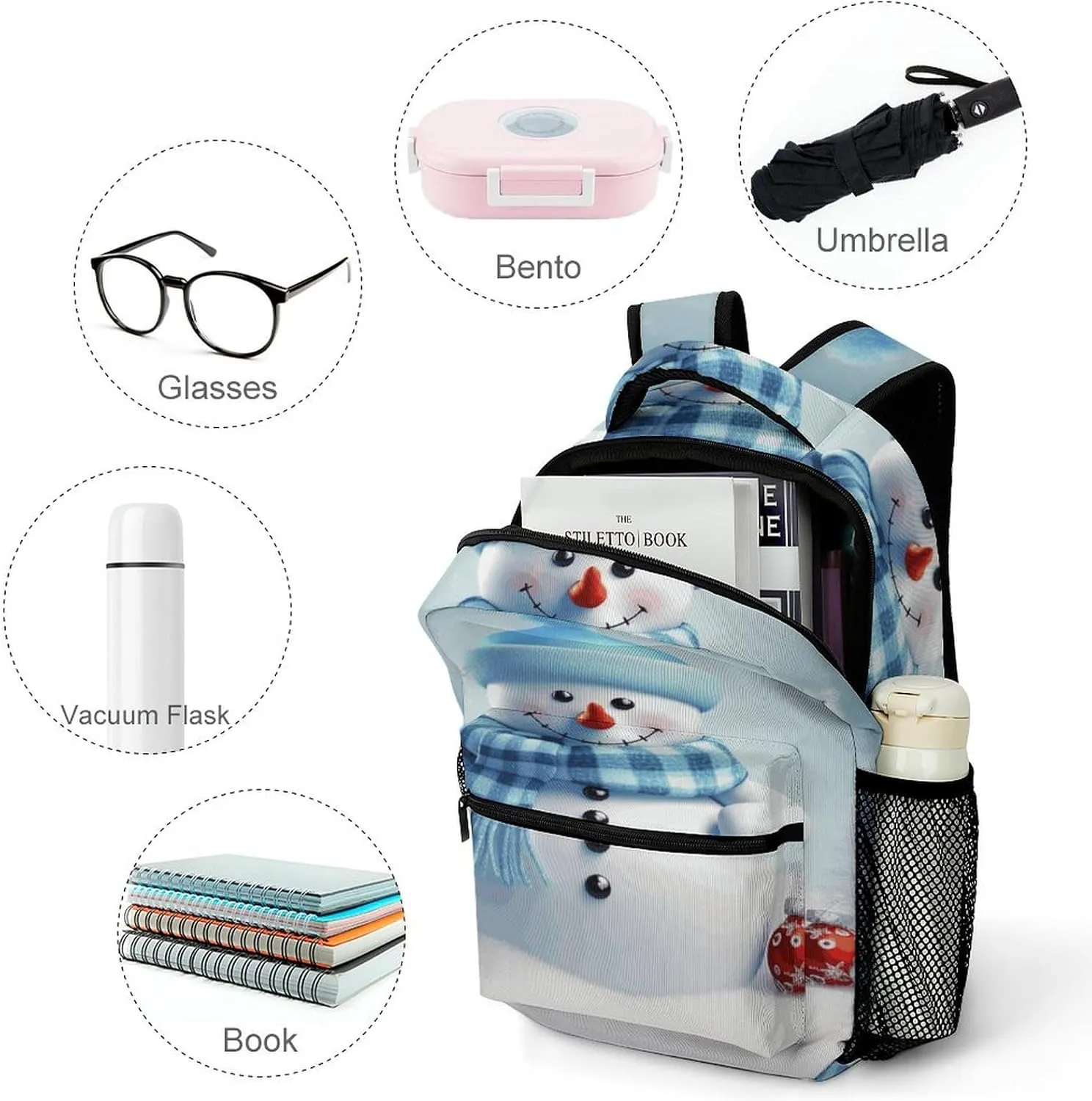 Small Backpacks Personalized Cute Snowman Printing Travel Bag Lightweight Travel Backpack For Women Men
