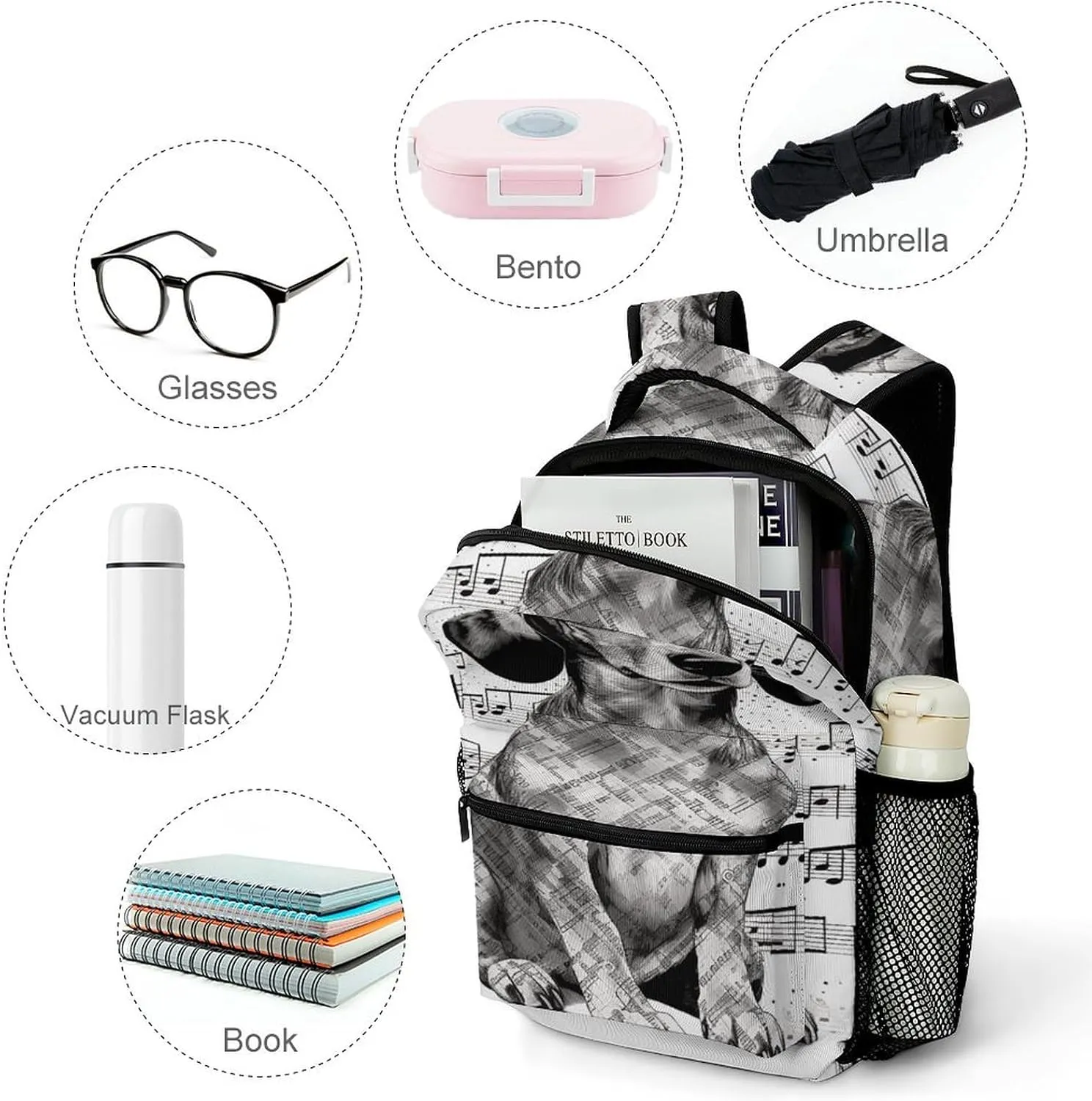 Small Backpacks Personalized Dachshund Music Notes Printing Travel Bag Lightweight Travel Backpack For Women Men
