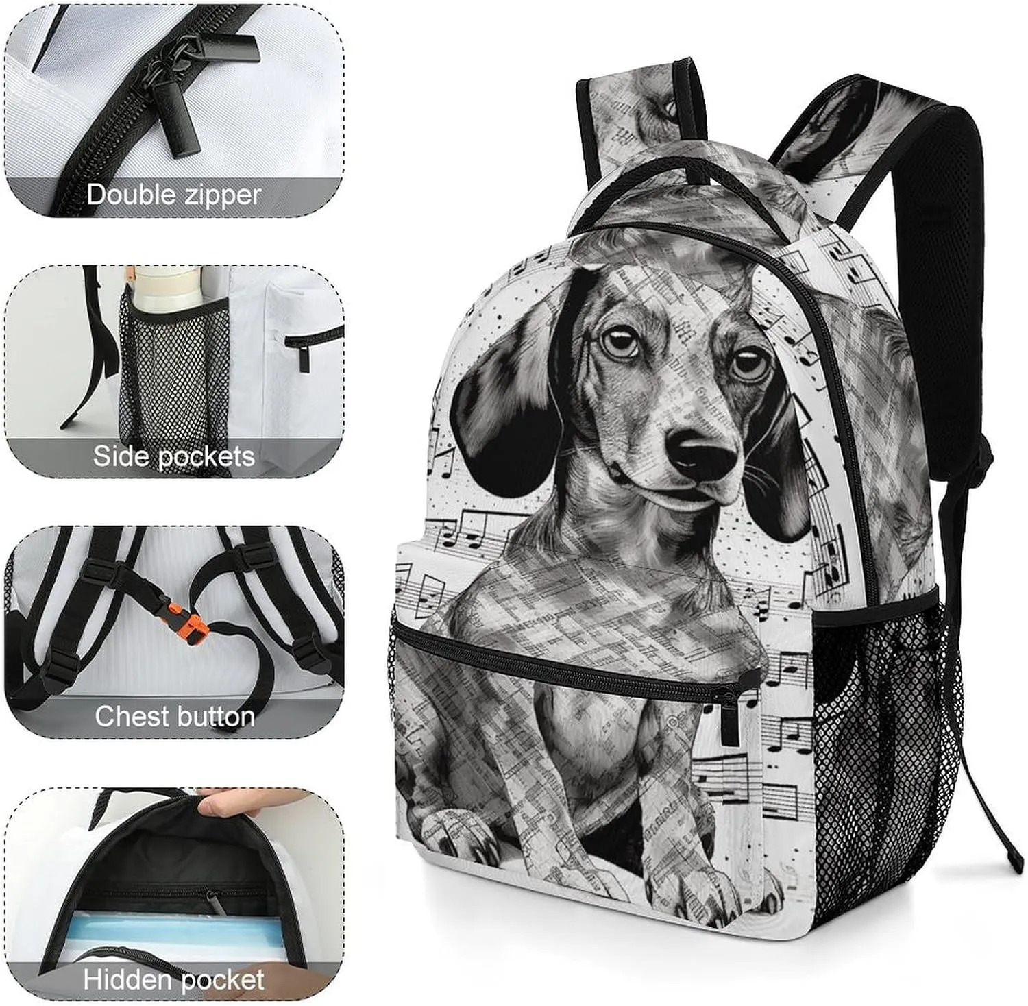 Small Backpacks Personalized Dachshund Music Notes Printing Travel Bag Lightweight Travel Backpack For Women Men
