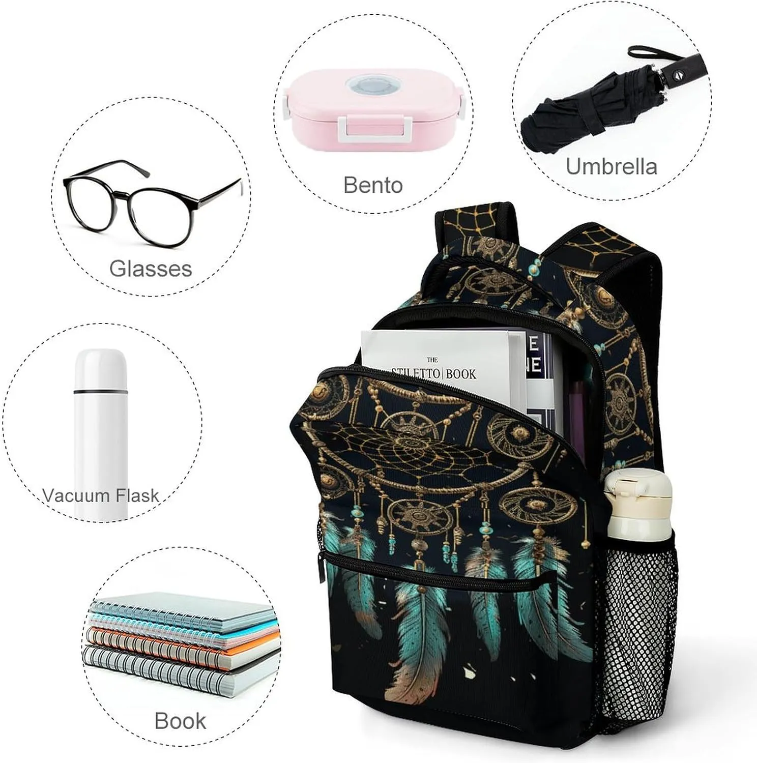 Small Backpacks Personalized Dark Dream Catcher Printing Travel Bag Lightweight Travel Backpack For Women Men