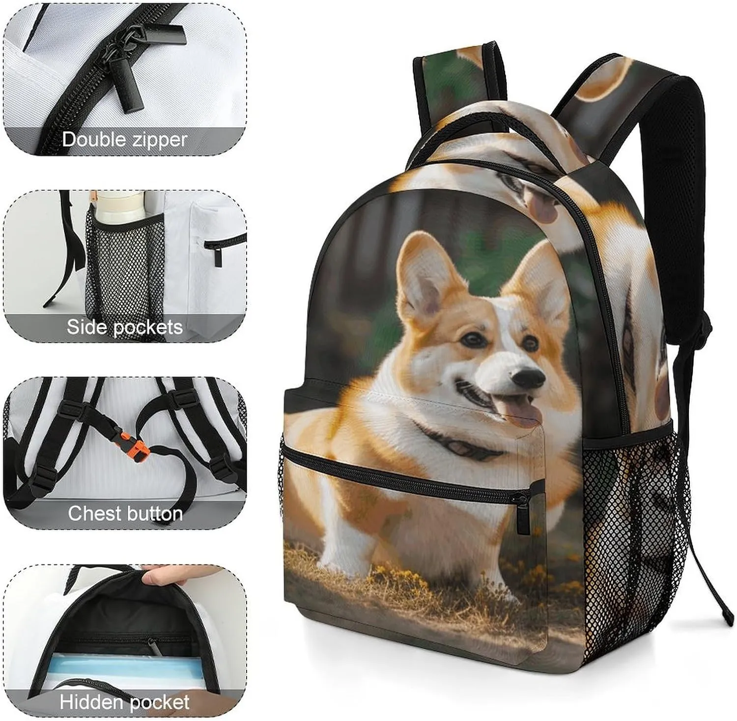 Small Backpacks Personalized Dog Corgi Printing Travel Bag Lightweight Travel Backpack For Women Men