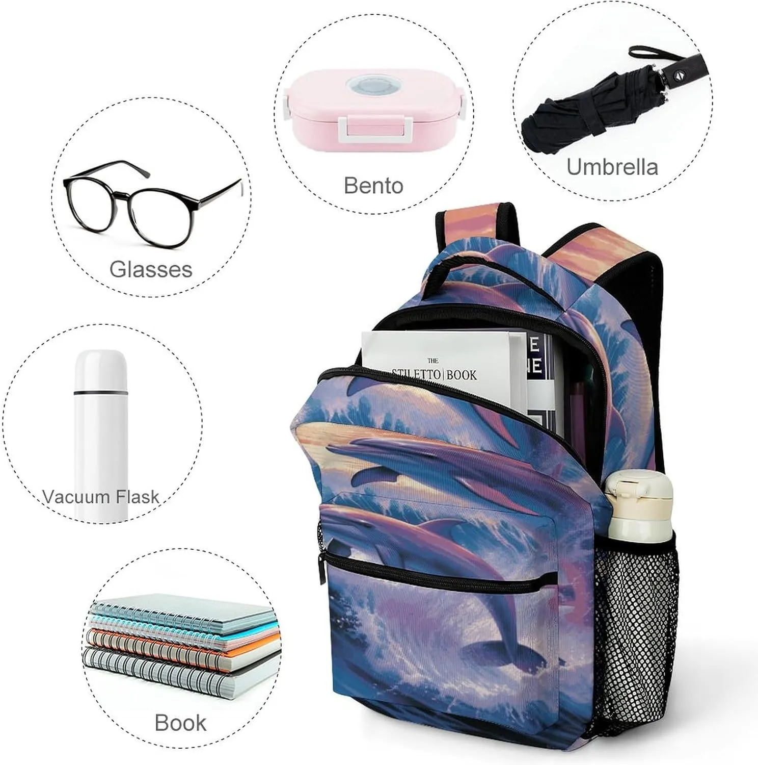 Small Backpacks Personalized Dolphins Art Printing Travel Bag Lightweight Travel Backpack For Women Men