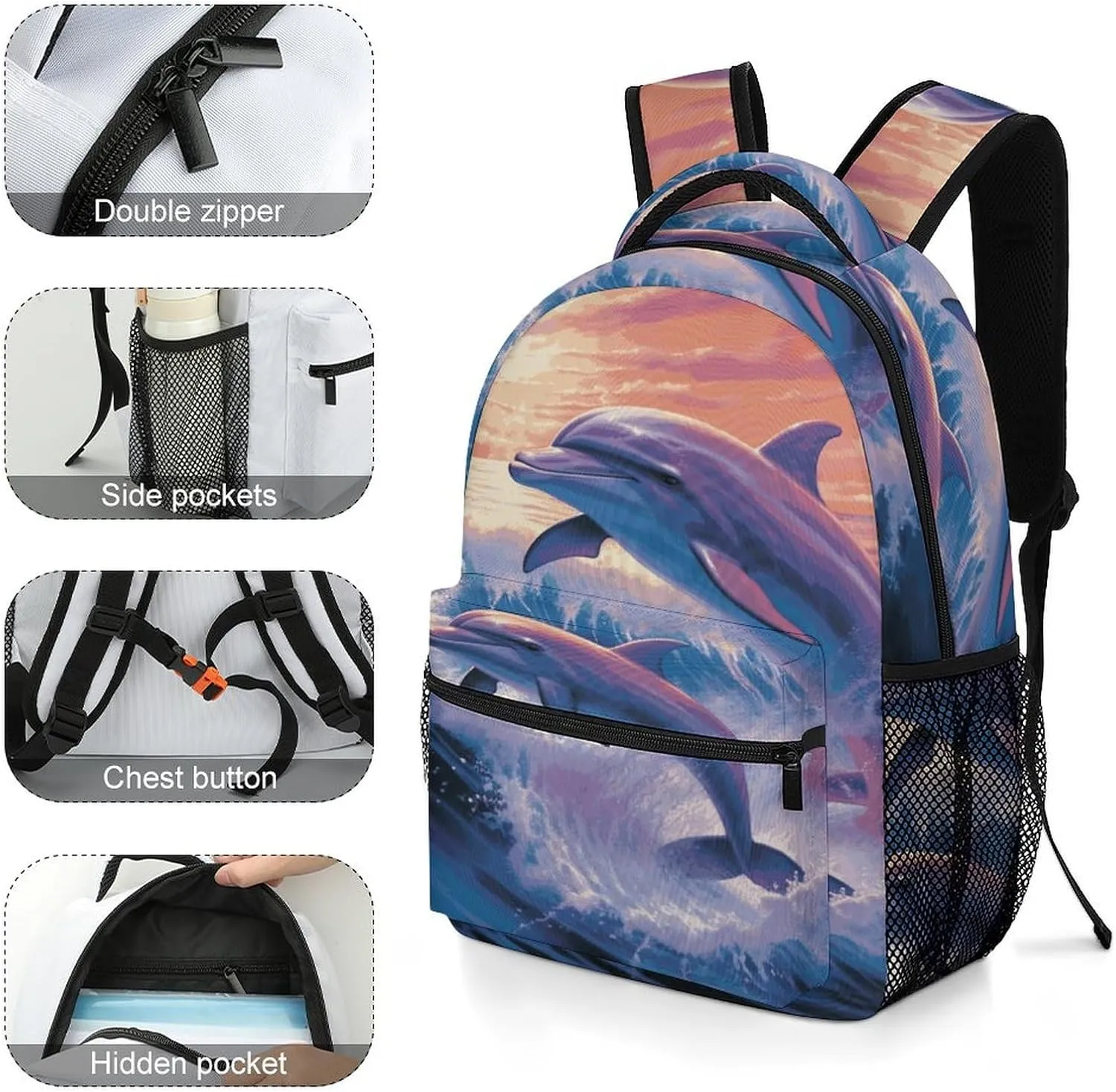 Small Backpacks Personalized Dolphins Art Printing Travel Bag Lightweight Travel Backpack For Women Men
