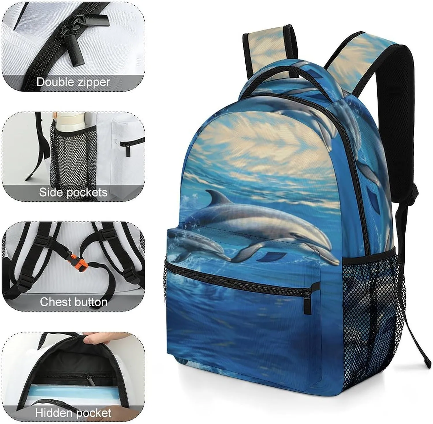 Small Backpacks Personalized Dolphins in The Sea Printing Travel Bag Lightweight Travel Backpack For Women Men