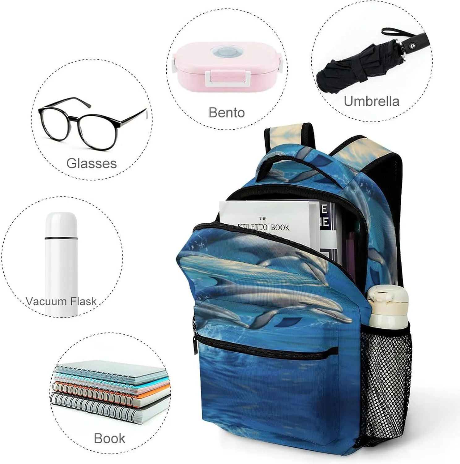 Small Backpacks Personalized Dolphins in The Sea Printing Travel Bag Lightweight Travel Backpack For Women Men