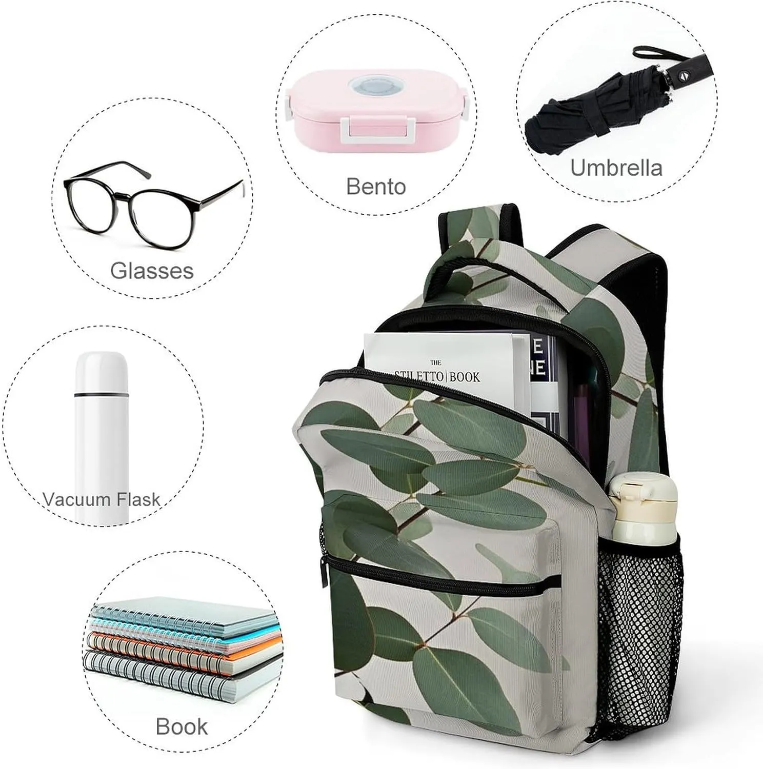 Small Backpacks Personalized Eucalyptus Leaves Printing Travel Bag Lightweight Travel Backpack For Women Men