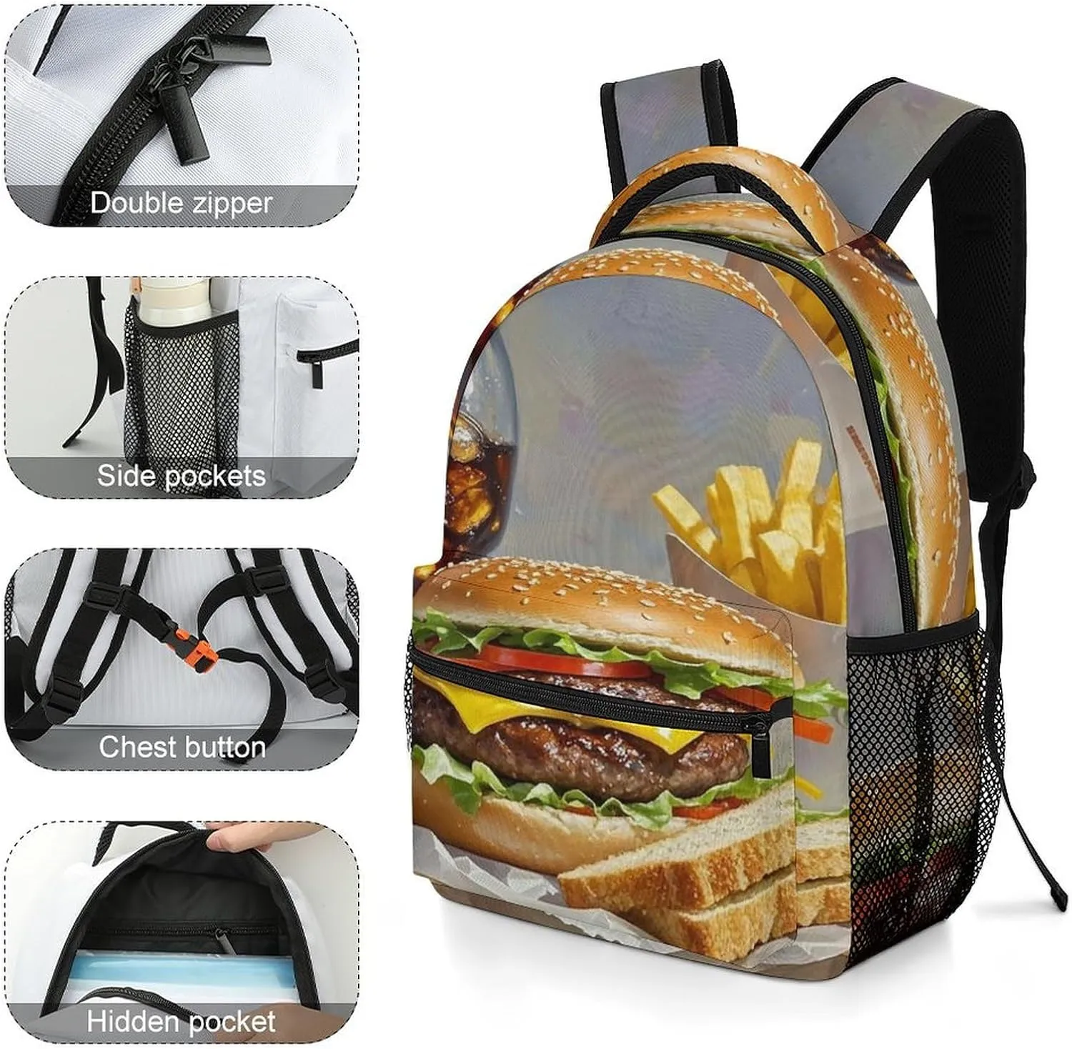 Small Backpacks Personalized Fast Food Enthusiasts Printing Travel Bag Lightweight Travel Backpack For Women Men