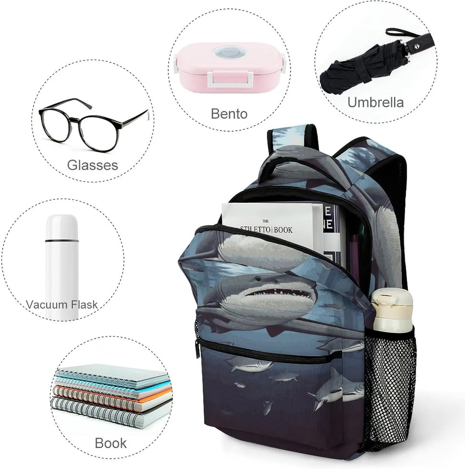Small Backpacks Personalized Funny Sharks Design Printing Travel Bag Lightweight Travel Backpack For Women Men