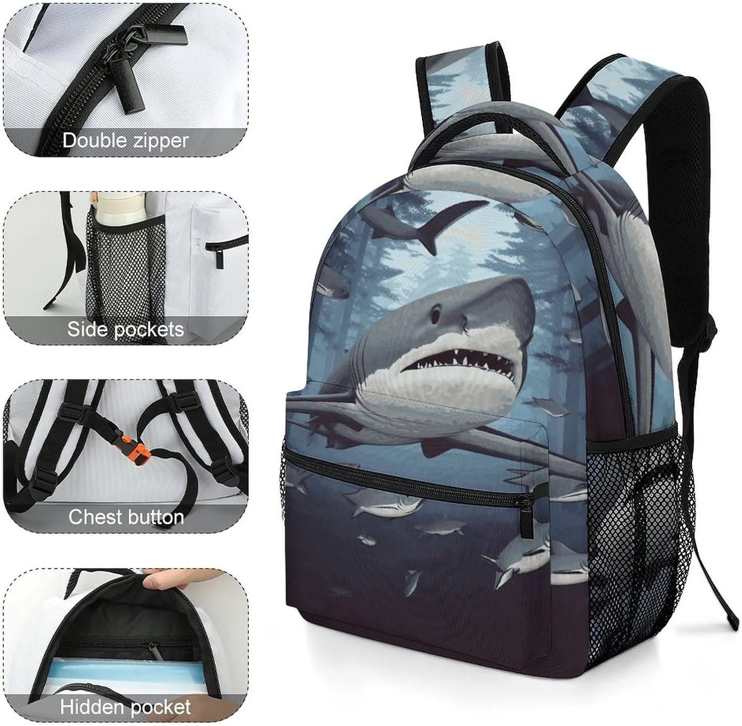 Small Backpacks Personalized Funny Sharks Design Printing Travel Bag Lightweight Travel Backpack For Women Men