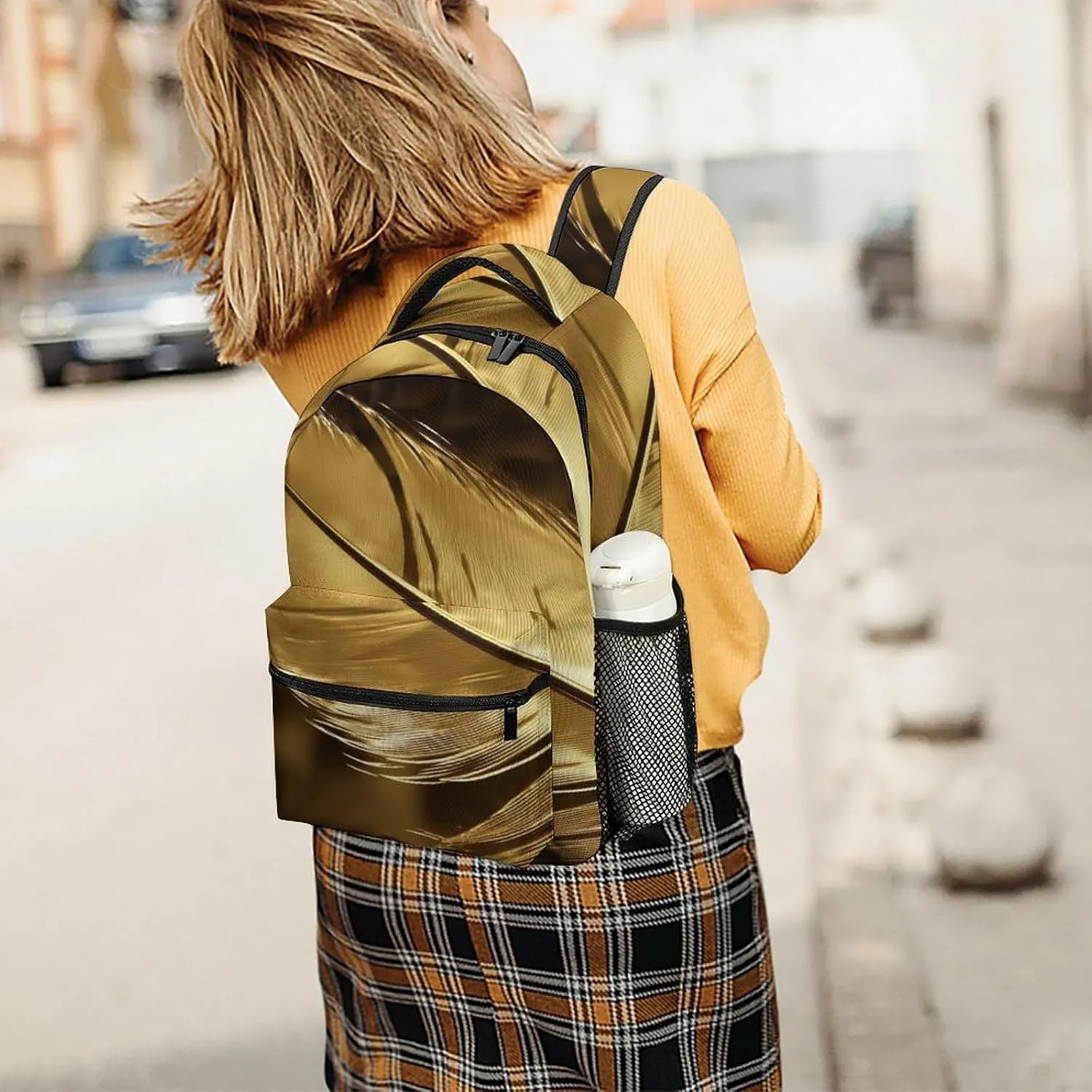 Small Backpacks Personalized Golden Feathers Printing Travel Bag Lightweight Travel Backpack For Women Men