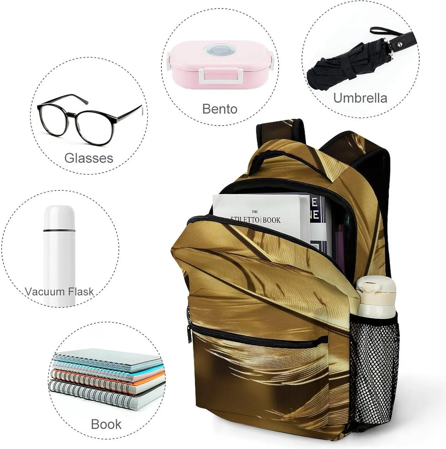 Small Backpacks Personalized Golden Feathers Printing Travel Bag Lightweight Travel Backpack For Women Men