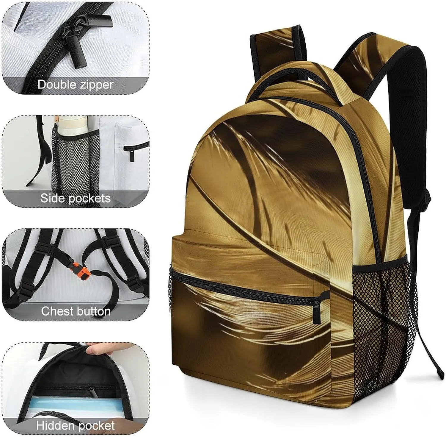 Small Backpacks Personalized Golden Feathers Printing Travel Bag Lightweight Travel Backpack For Women Men