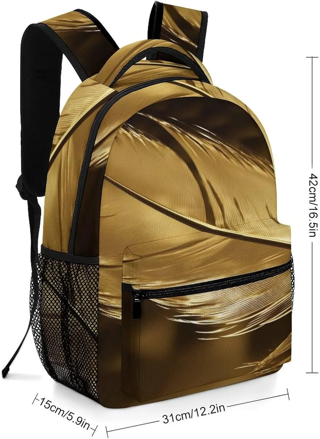 Small Backpacks Personalized Golden Feathers Printing Travel Bag Lightweight Travel Backpack For Women Men