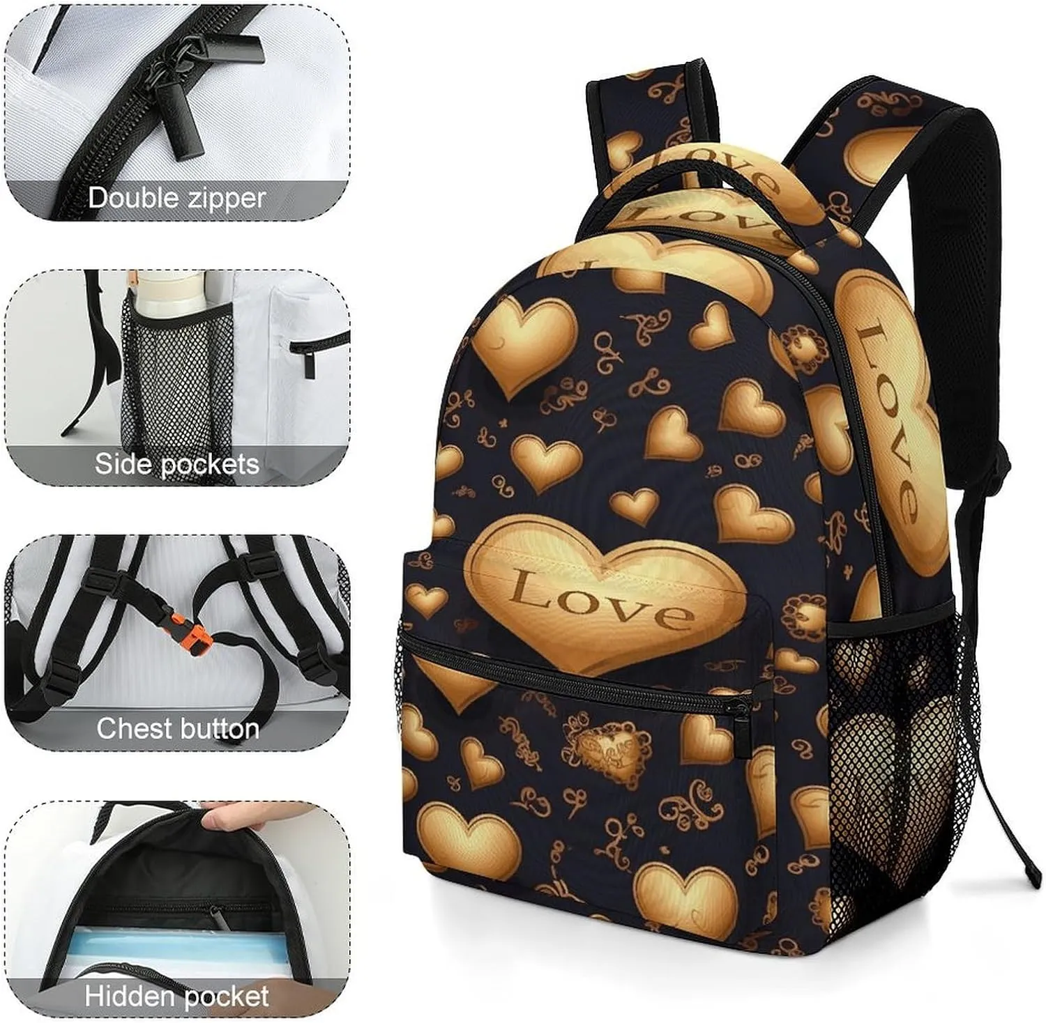 Small Backpacks Personalized Golden Heart Printing Travel Bag Lightweight Travel Backpack For Women Men