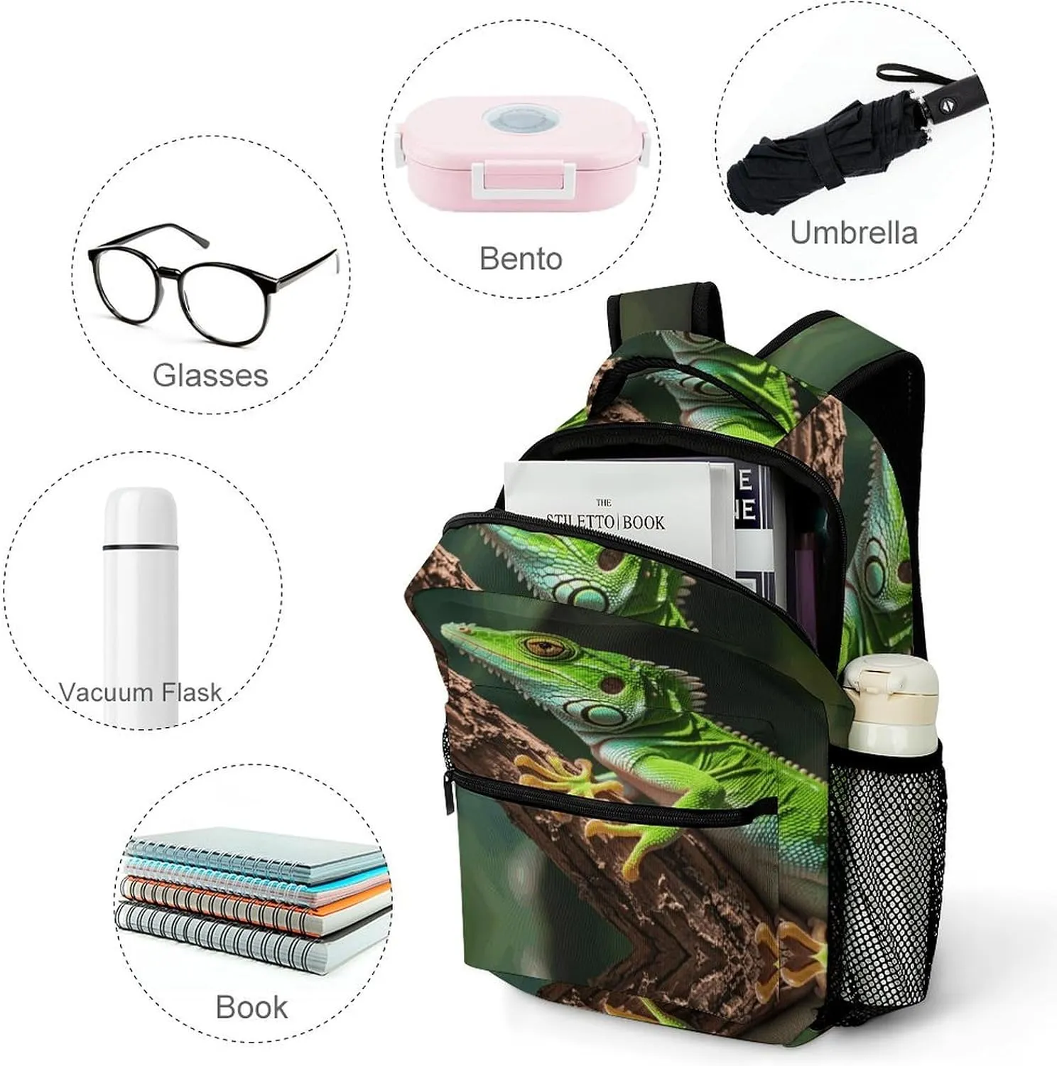 Small Backpacks Personalized Green Geckos Printing Travel Bag Lightweight Travel Backpack For Women Men