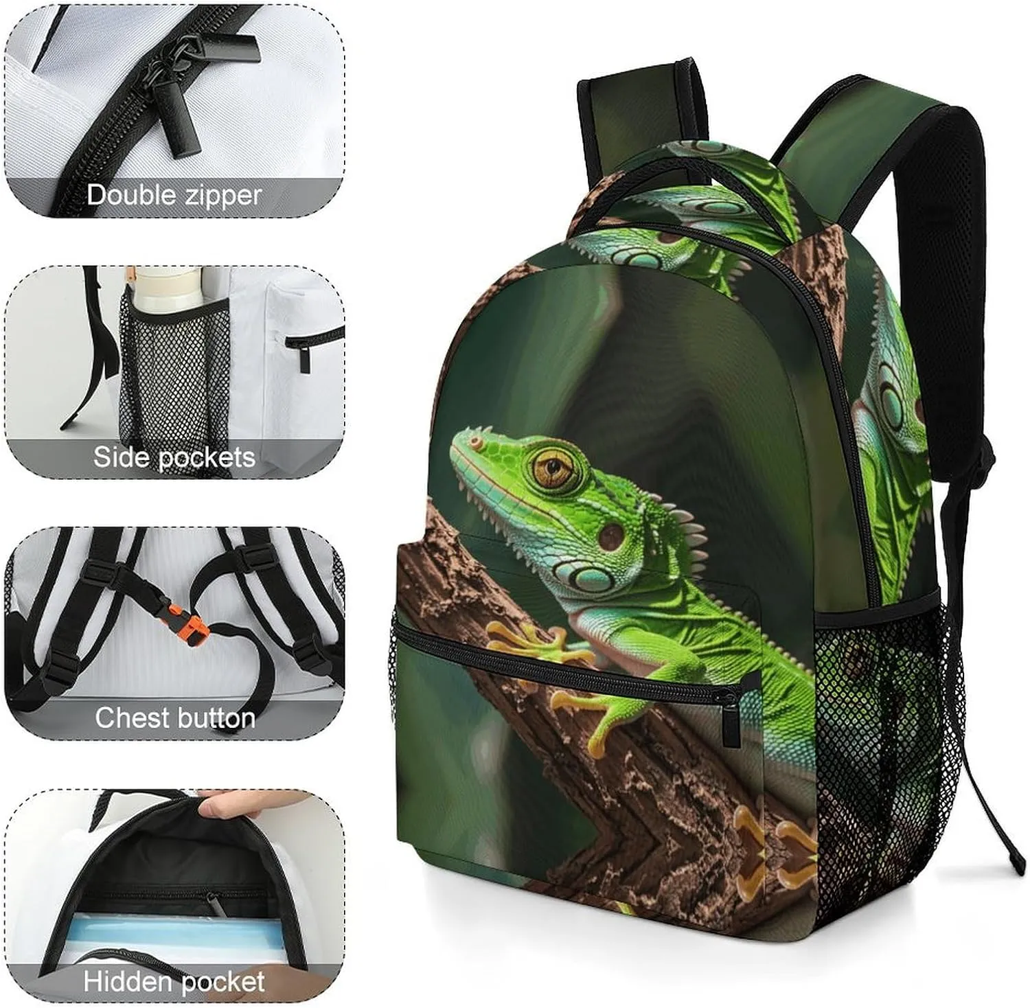 Small Backpacks Personalized Green Geckos Printing Travel Bag Lightweight Travel Backpack For Women Men