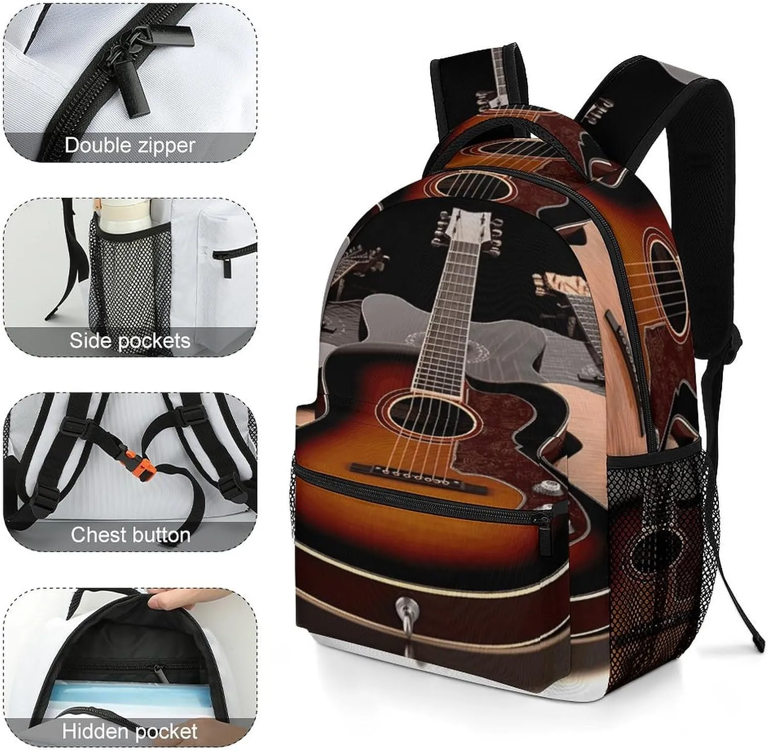 Small Backpacks Personalized Guitar Printing Travel Bag Lightweight Travel Backpack For Women Men