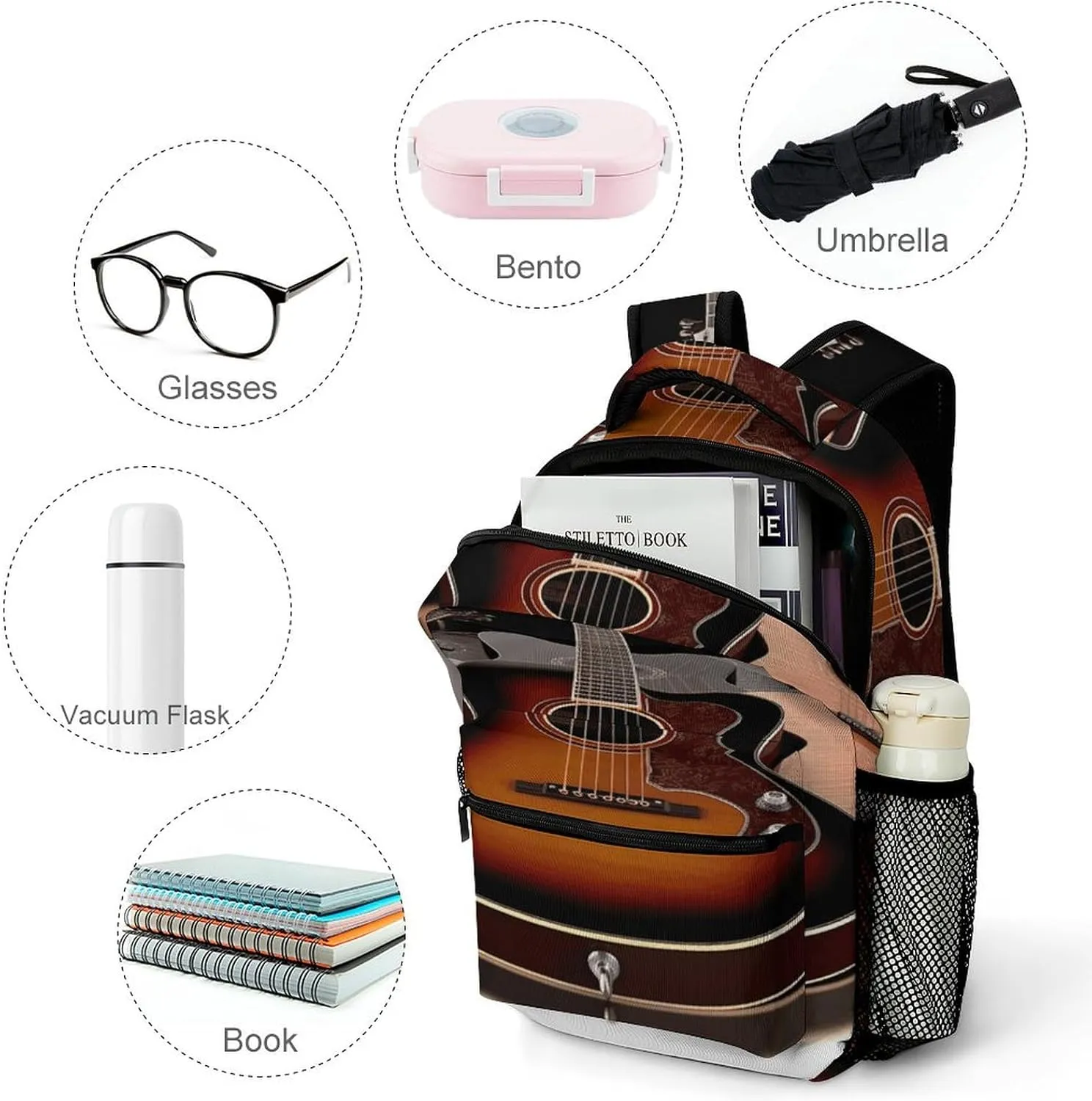 Small Backpacks Personalized Guitar Printing Travel Bag Lightweight Travel Backpack For Women Men