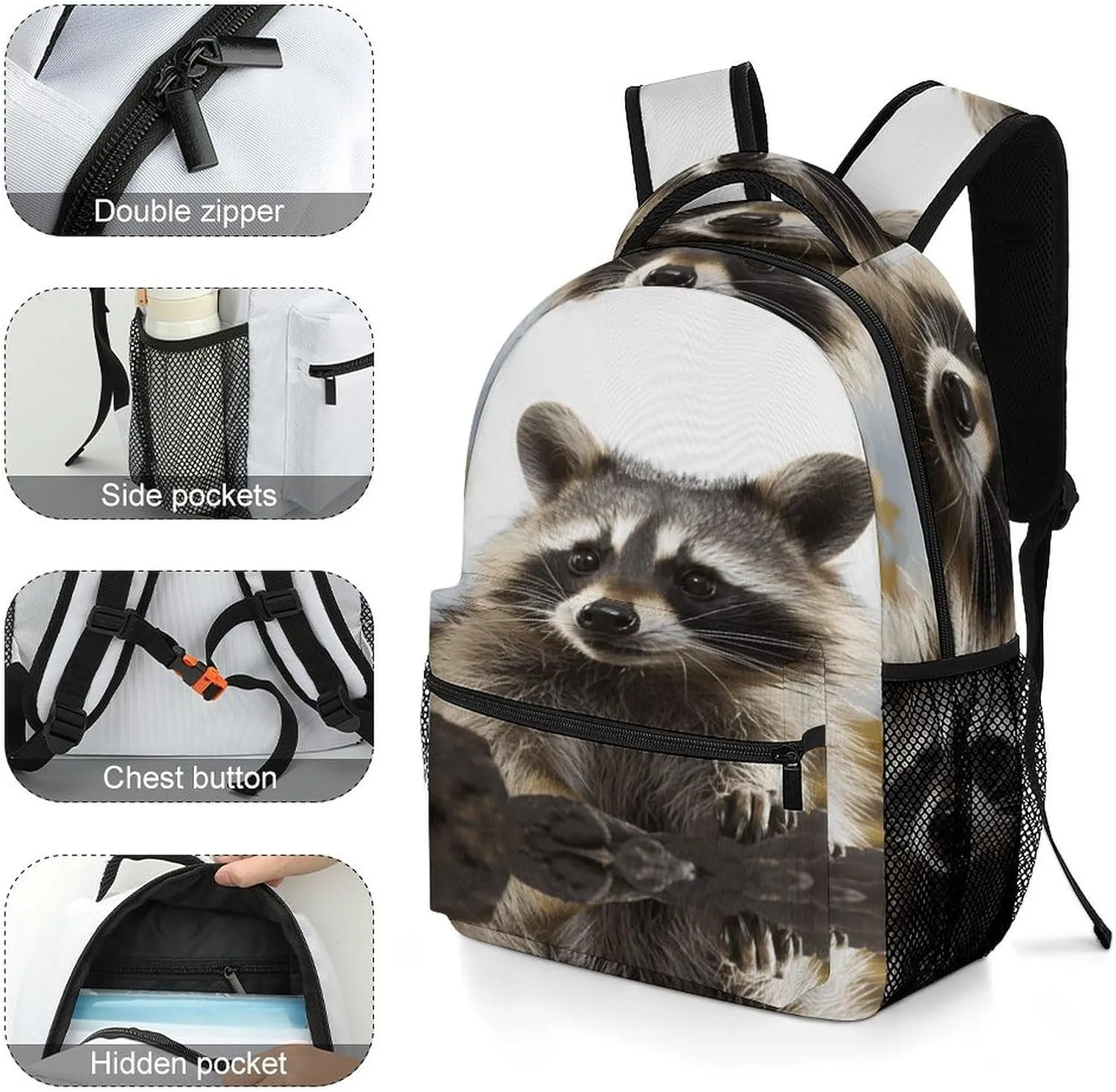 Small Backpacks Personalized Hairy Raccoon Printing Travel Bag Lightweight Travel Backpack For Women Men