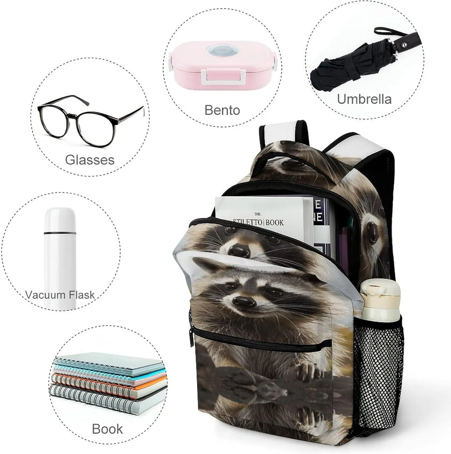 Small Backpacks Personalized Hairy Raccoon Printing Travel Bag Lightweight Travel Backpack For Women Men