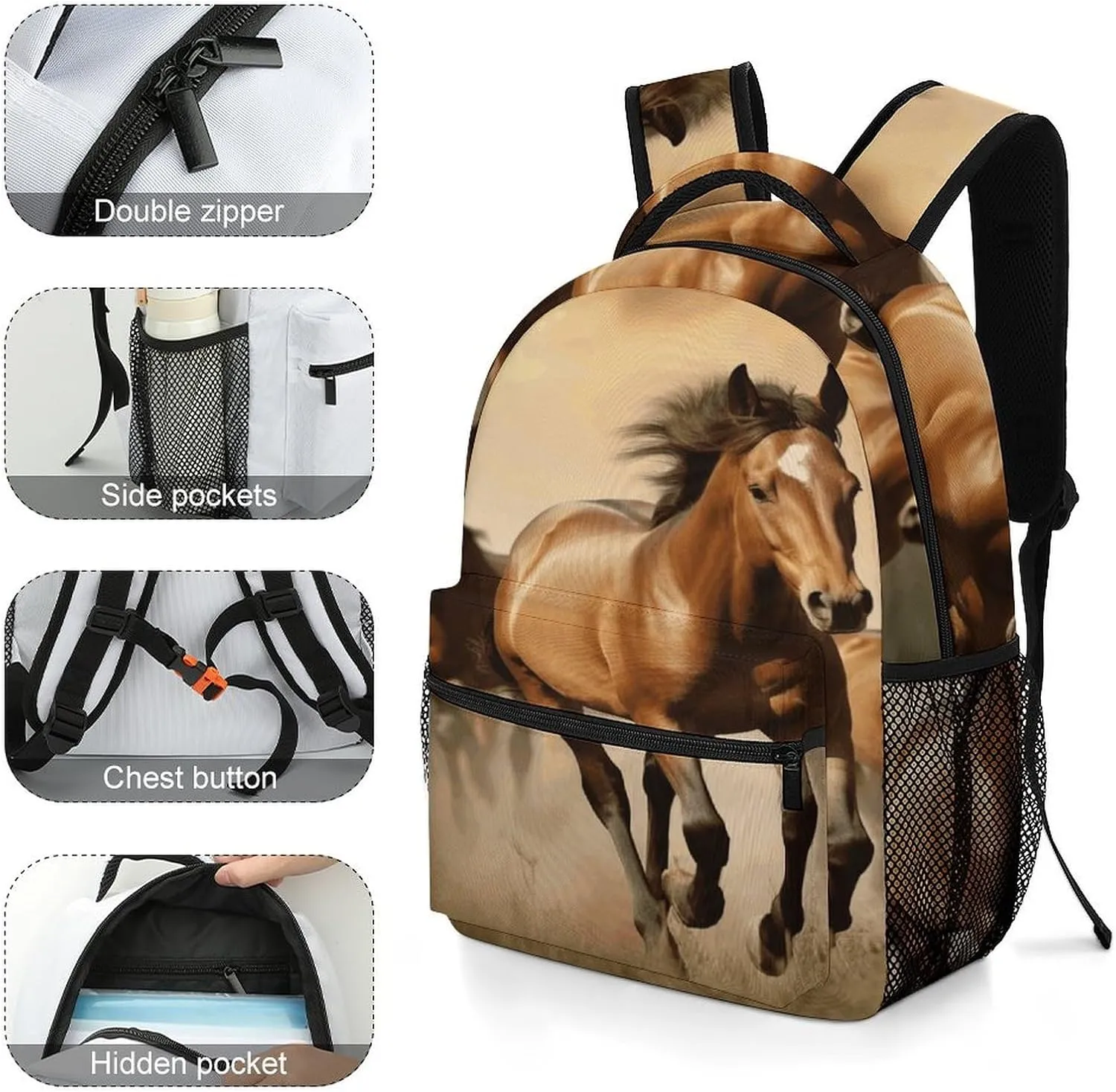 Small Backpacks Personalized Horses Printing Travel Bag Lightweight Travel Backpack For Women Men