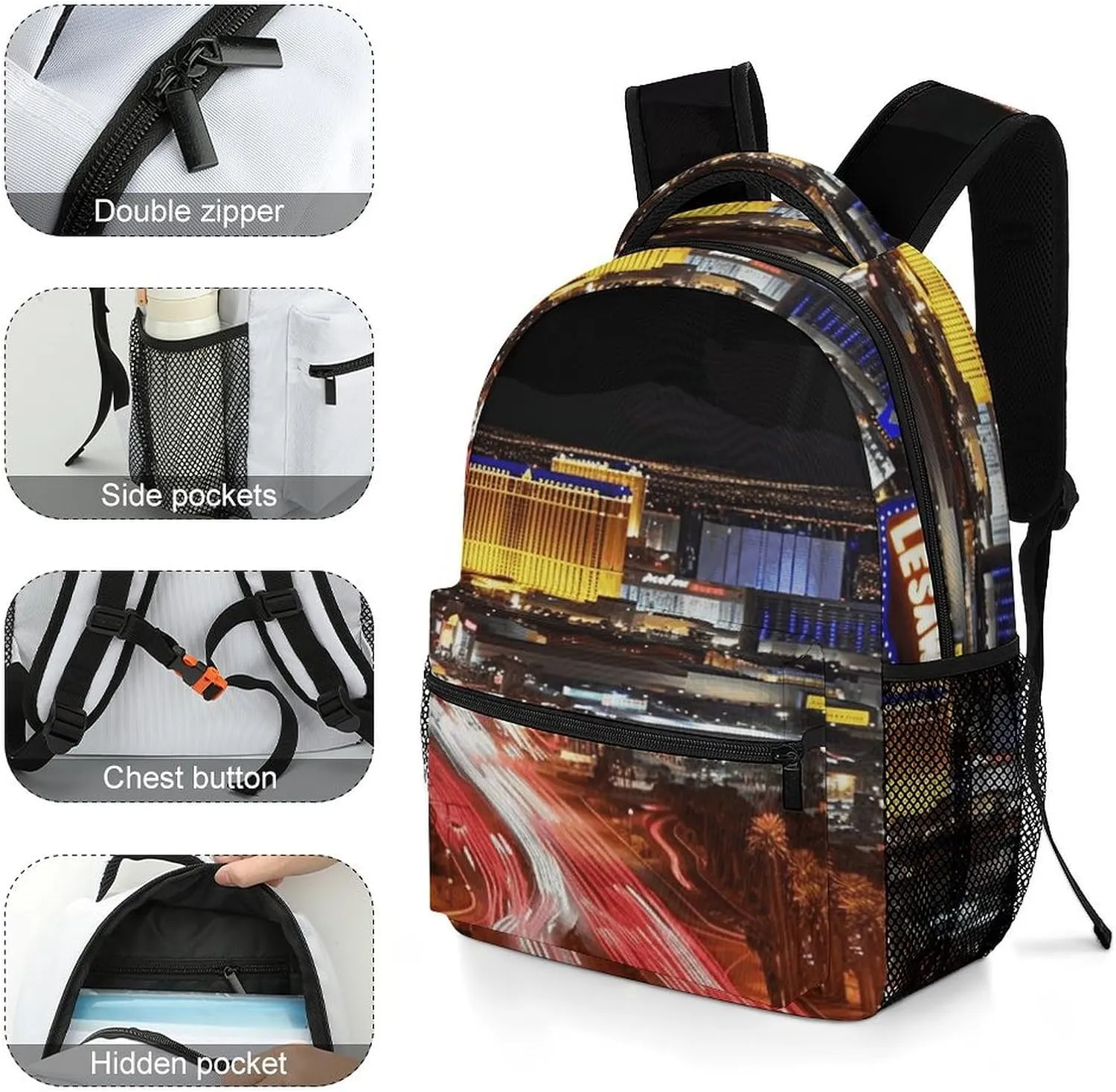 Small Backpacks Personalized Las Vegas Night City Printing Travel Bag Lightweight Travel Backpack For Women Men