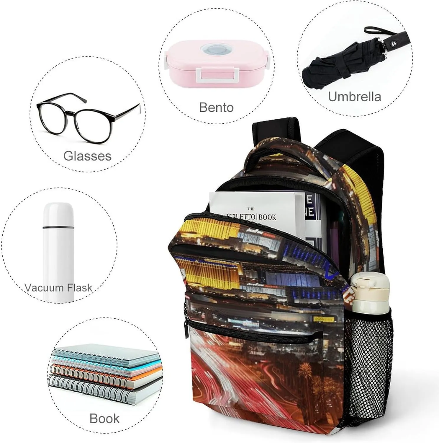 Small Backpacks Personalized Las Vegas Night City Printing Travel Bag Lightweight Travel Backpack For Women Men