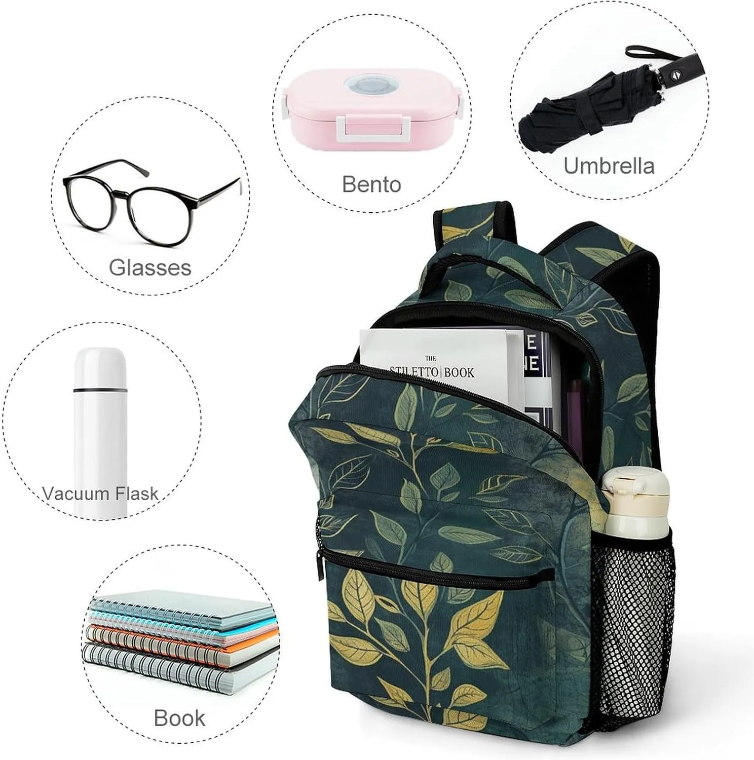 Small Backpacks Personalized Light Green Leaves Printing Travel Bag Lightweight Travel Backpack For Women Men