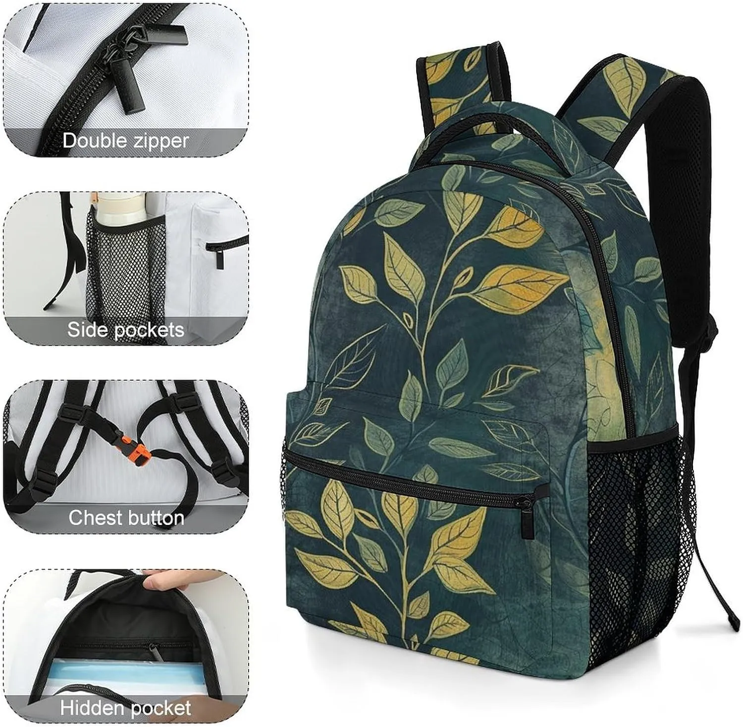 Small Backpacks Personalized Light Green Leaves Printing Travel Bag Lightweight Travel Backpack For Women Men