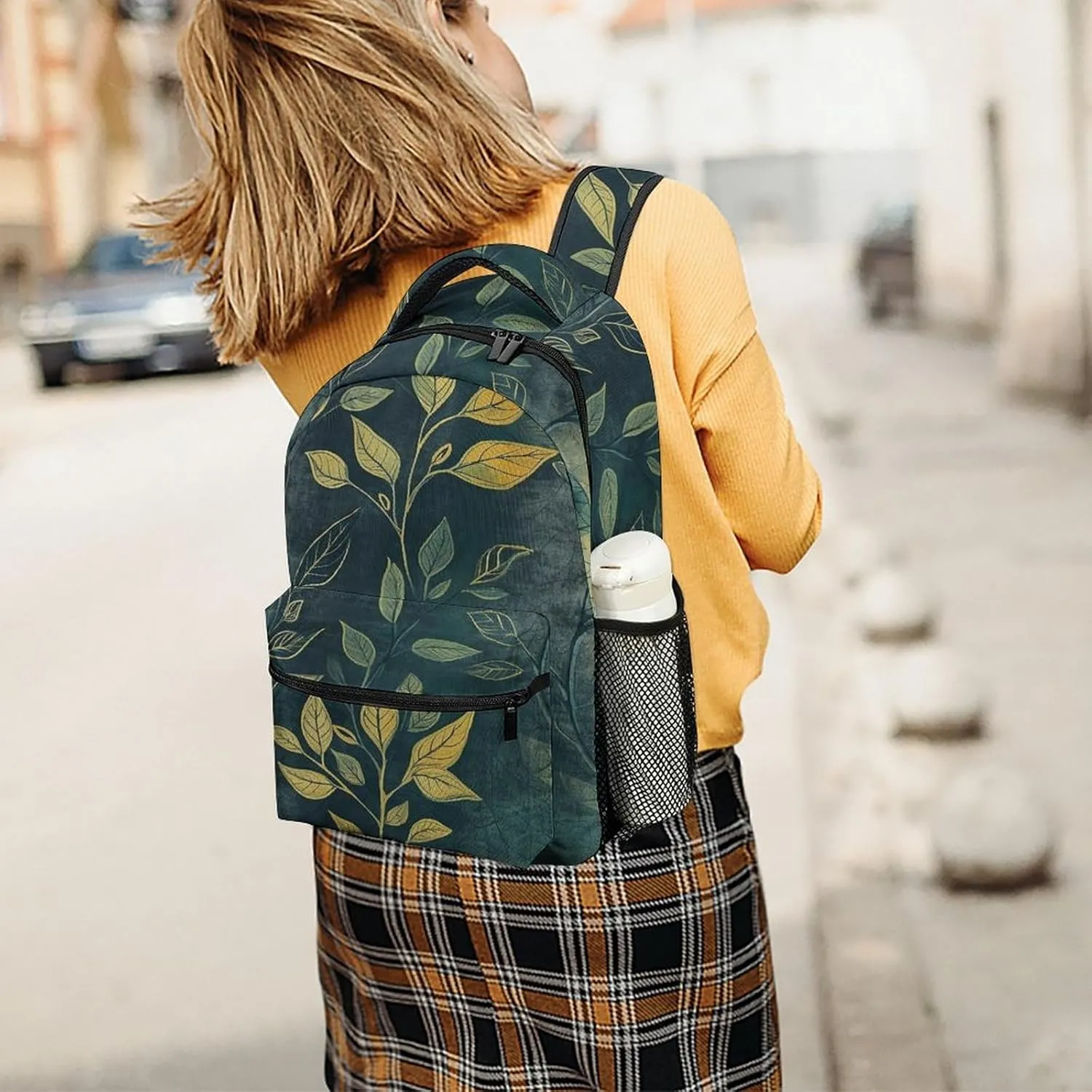Small Backpacks Personalized Light Green Leaves Printing Travel Bag Lightweight Travel Backpack For Women Men
