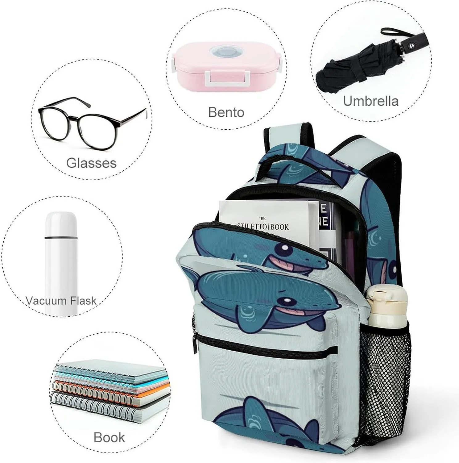 Small Backpacks Personalized Lovely Fat Whale Printing Travel Bag Lightweight Travel Backpack For Women Men