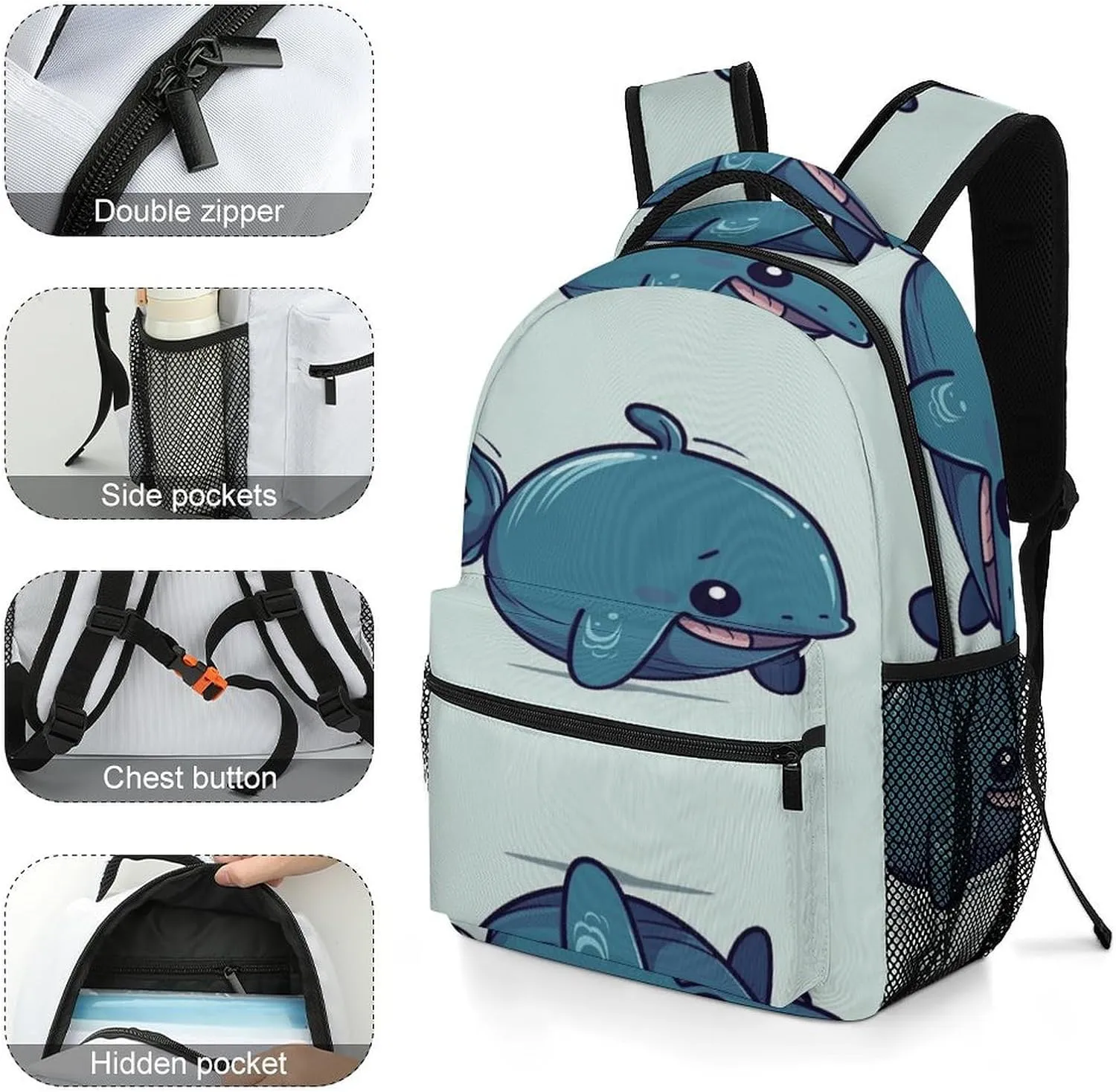 Small Backpacks Personalized Lovely Fat Whale Printing Travel Bag Lightweight Travel Backpack For Women Men