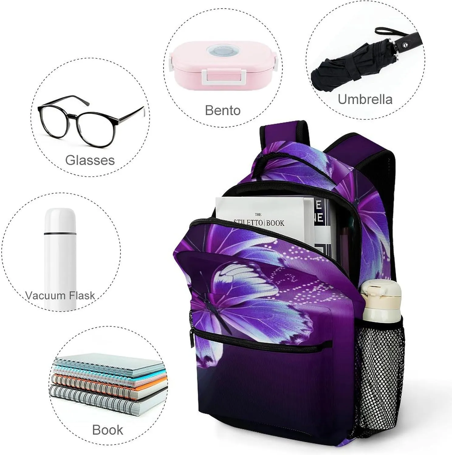 Small Backpacks Personalized Lovely Purple Butterfly Printing Travel Bag Lightweight Travel Backpack For Women Men