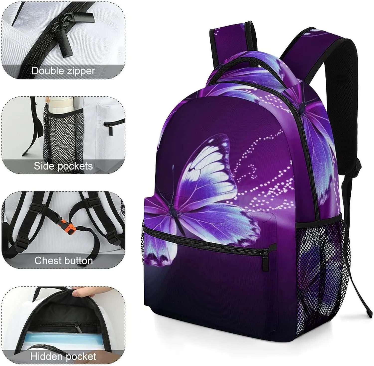 Small Backpacks Personalized Lovely Purple Butterfly Printing Travel Bag Lightweight Travel Backpack For Women Men