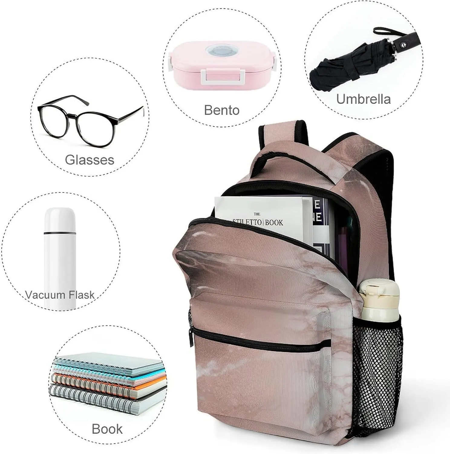 Small Backpacks Personalized Marble Color Rose Gold Printing Travel Bag Lightweight Travel Backpack For Women Men