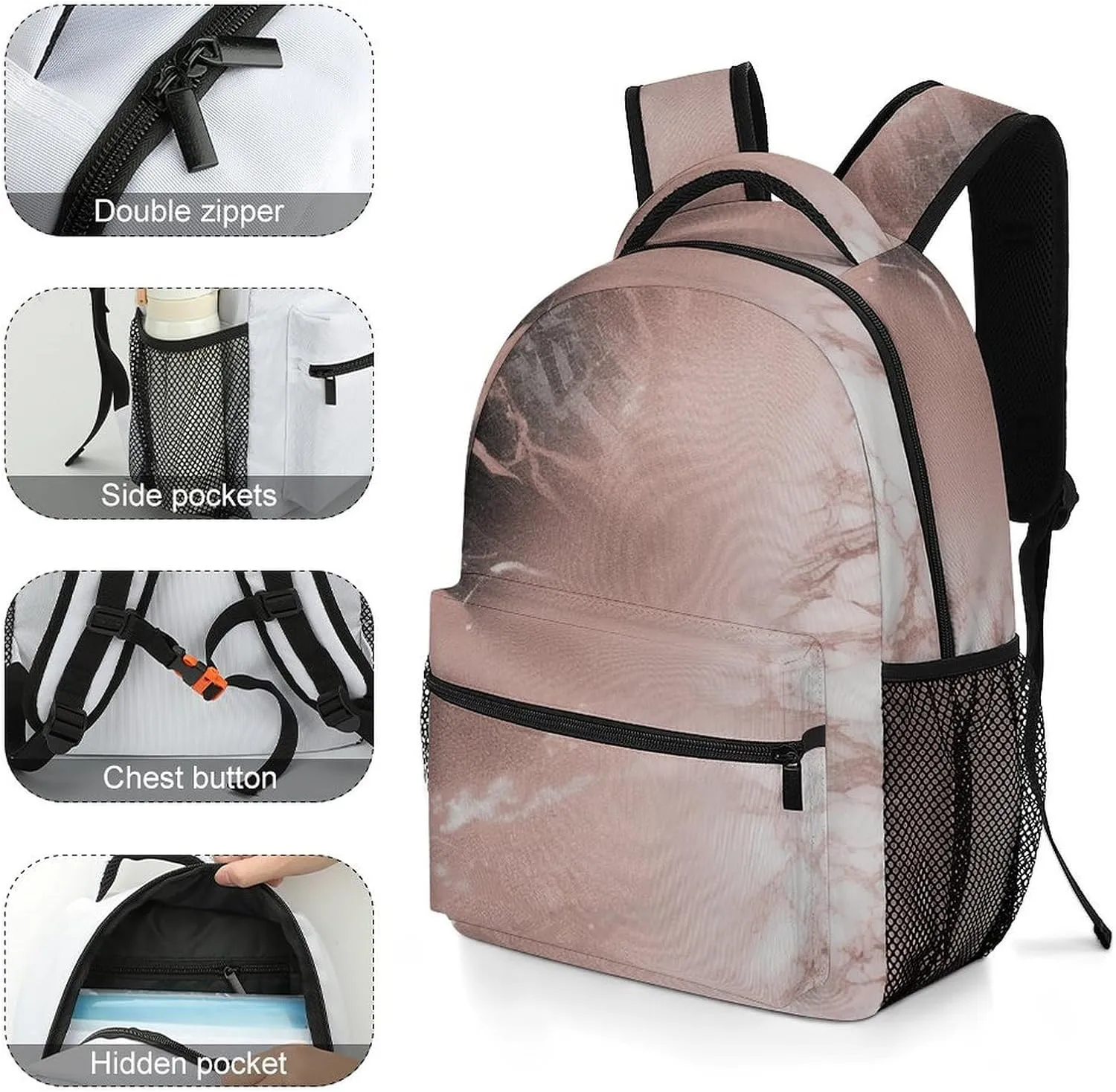 Small Backpacks Personalized Marble Color Rose Gold Printing Travel Bag Lightweight Travel Backpack For Women Men