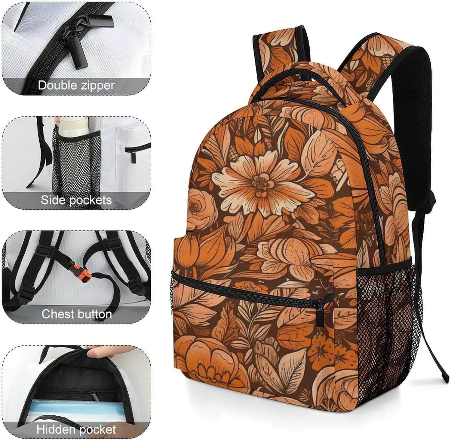 Small Backpacks Personalized Orange Flowers And Leaves Printing Travel Bag Lightweight Travel Backpack For Women Men