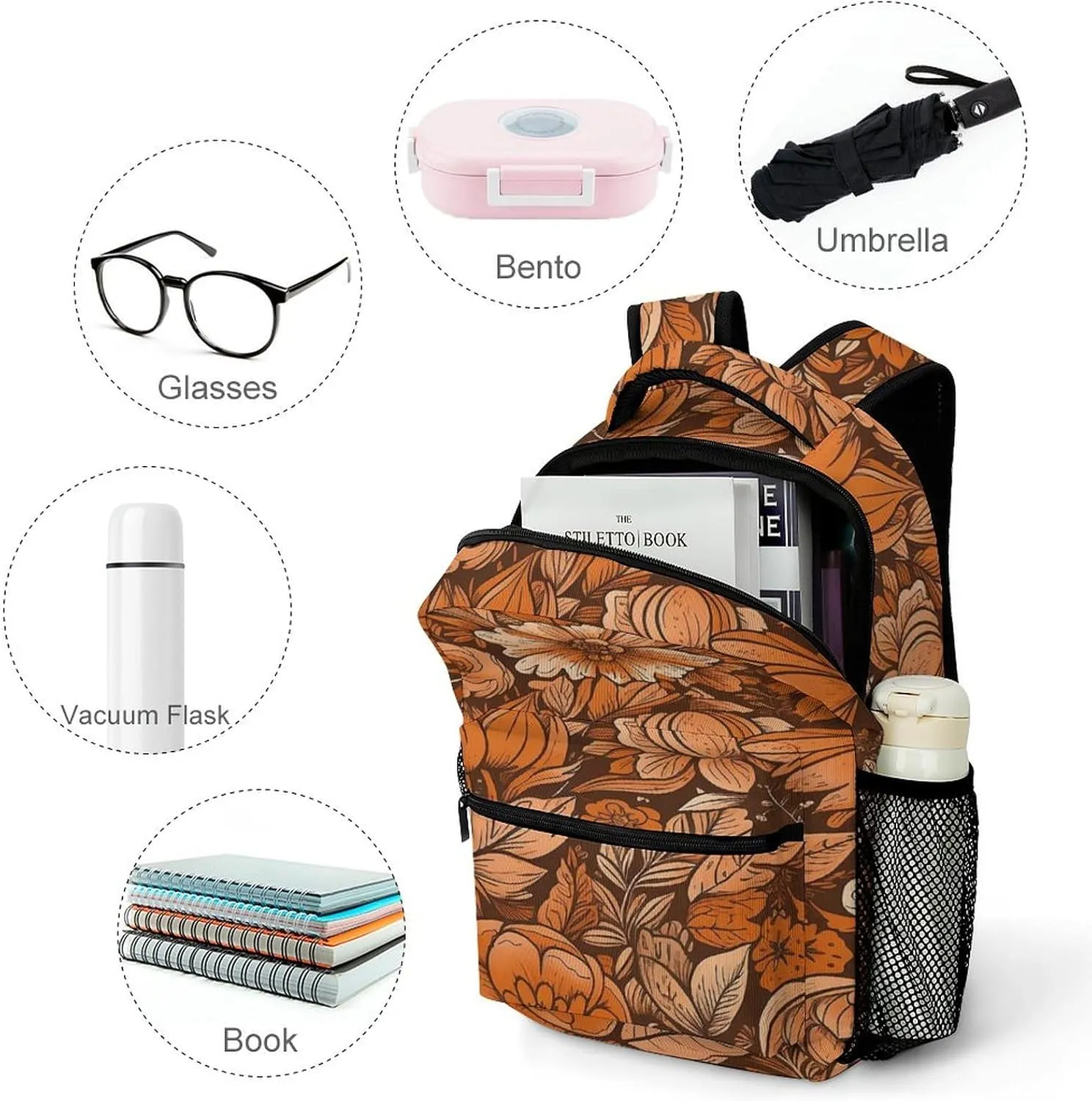 Small Backpacks Personalized Orange Flowers And Leaves Printing Travel Bag Lightweight Travel Backpack For Women Men