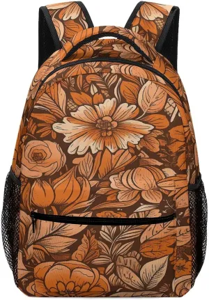 Small Backpacks Personalized Orange Flowers And Leaves Printing Travel Bag Lightweight Travel Backpack For Women Men
