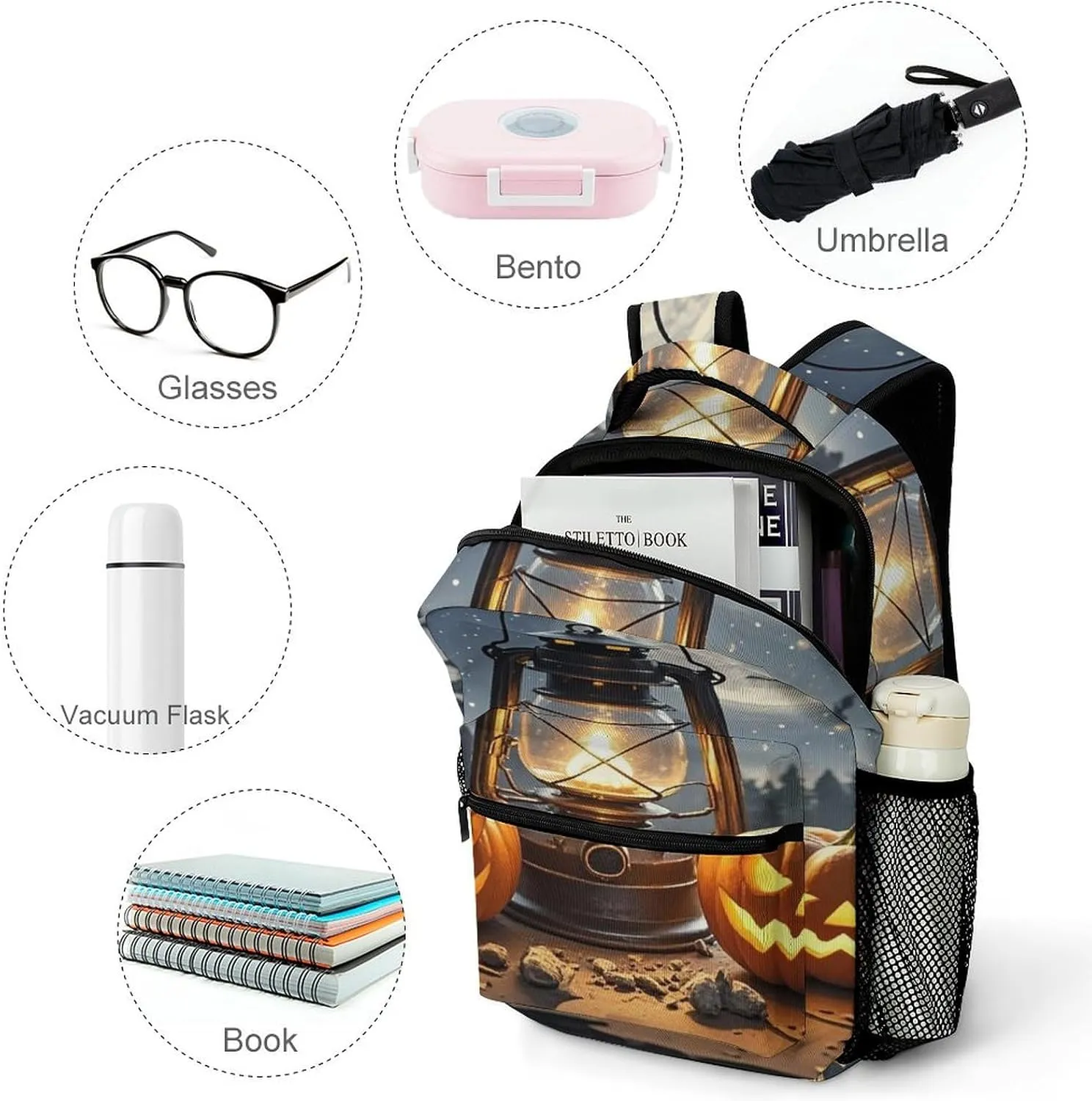 Small Backpacks Personalized Pumpkin Coal Oil Lamp Printing Travel Bag Lightweight Travel Backpack For Women Men