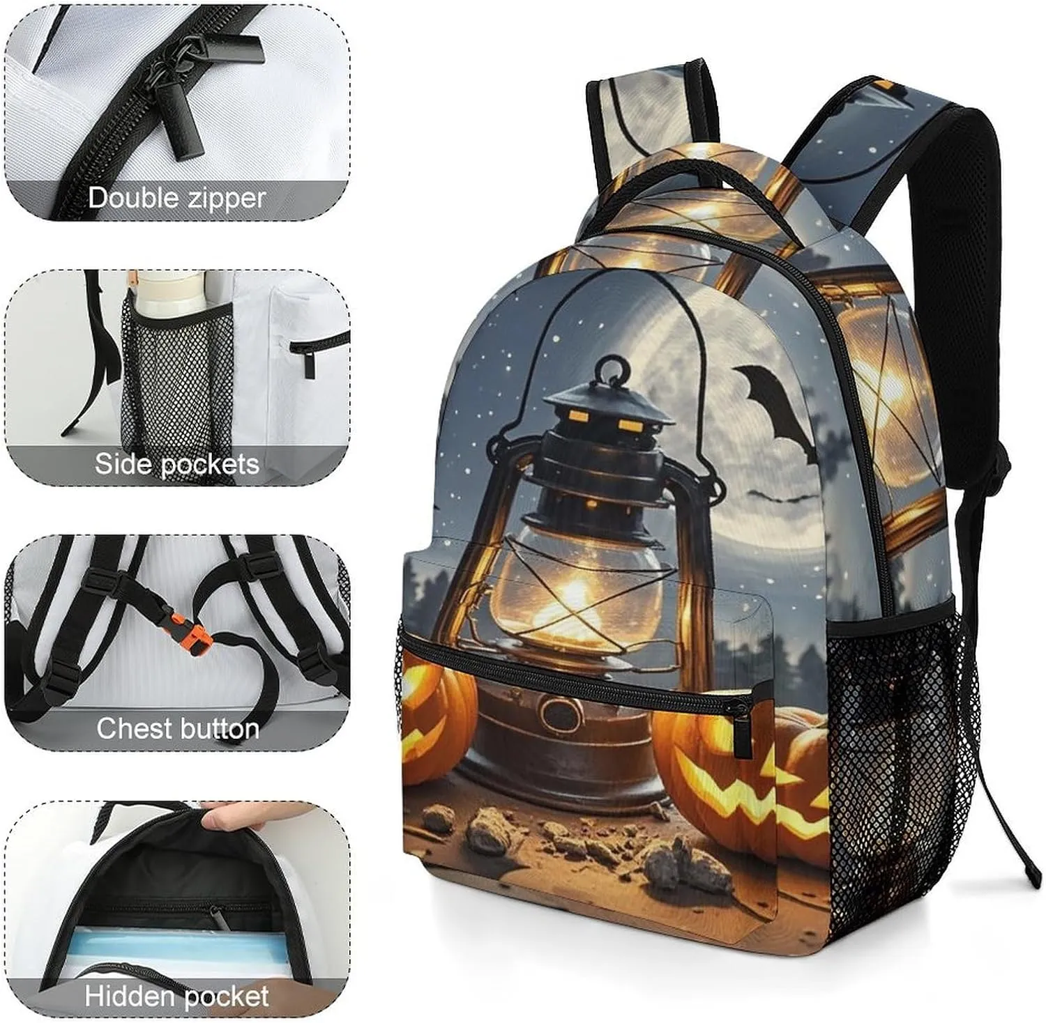 Small Backpacks Personalized Pumpkin Coal Oil Lamp Printing Travel Bag Lightweight Travel Backpack For Women Men