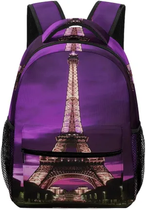 Small Backpacks Personalized Purple Eiffel Tower Printing Travel Bag Lightweight Travel Backpack For Women Men