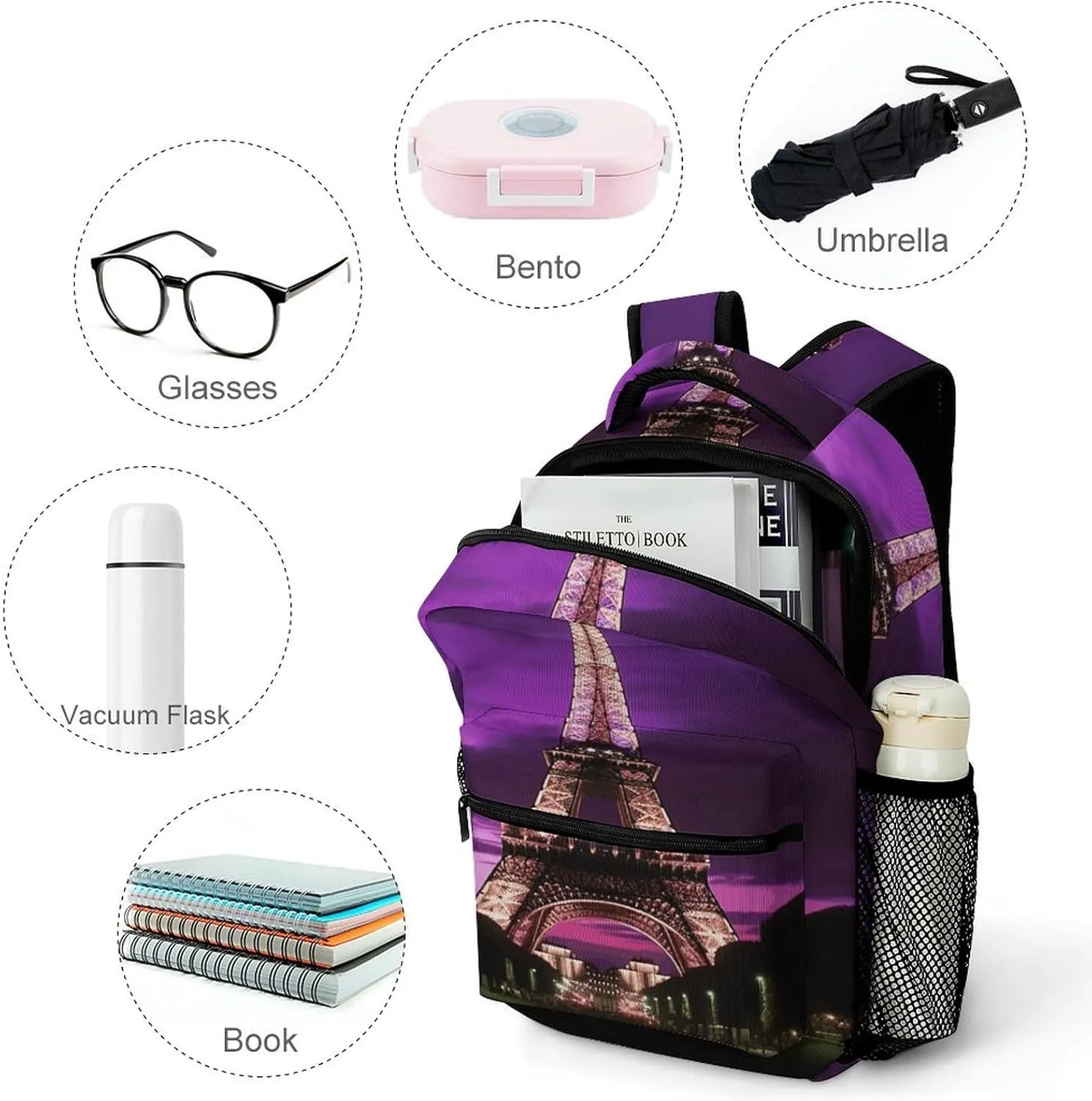 Small Backpacks Personalized Purple Eiffel Tower Printing Travel Bag Lightweight Travel Backpack For Women Men