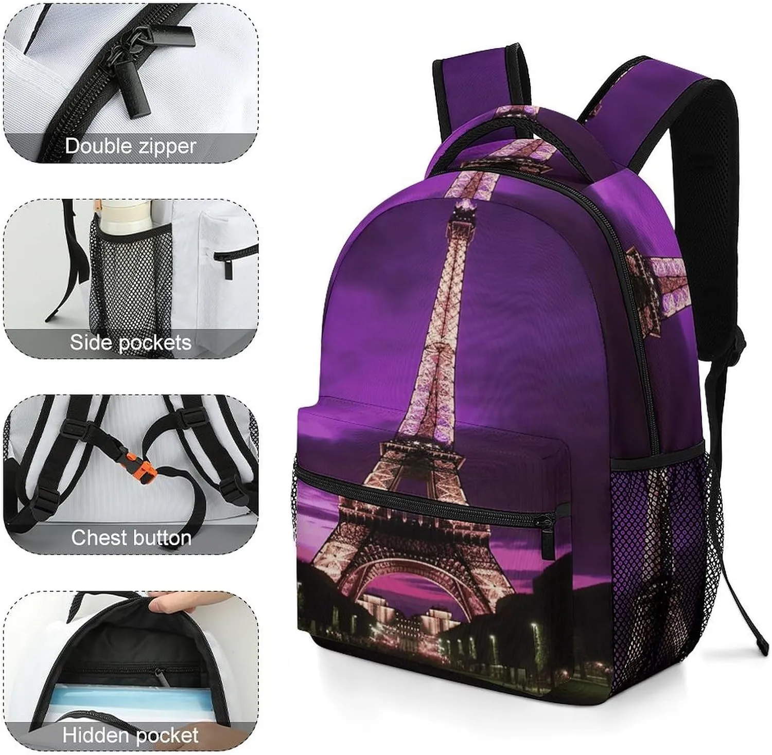 Small Backpacks Personalized Purple Eiffel Tower Printing Travel Bag Lightweight Travel Backpack For Women Men