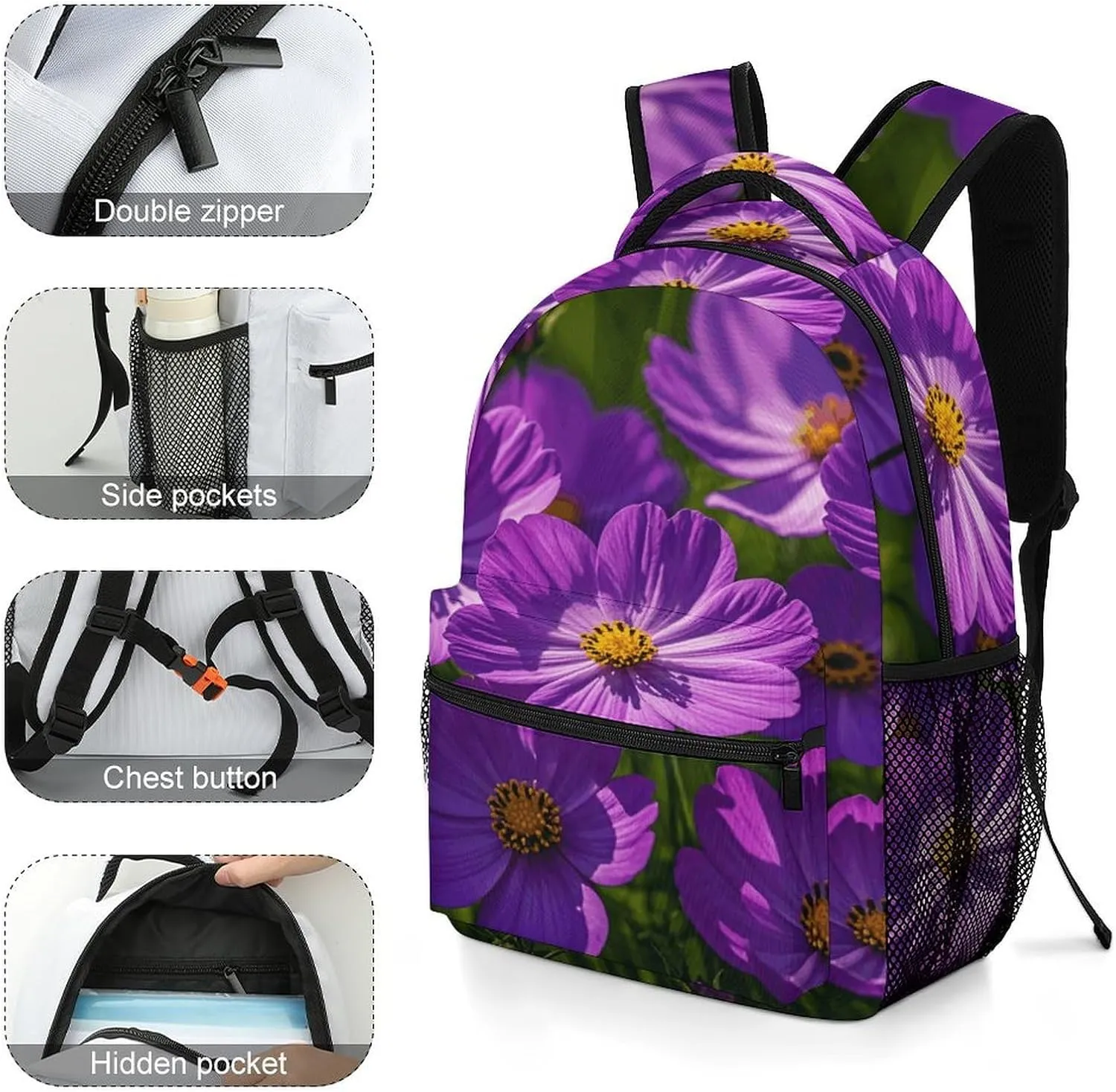 Small Backpacks Personalized Purple Flowers Printing Travel Bag Lightweight Travel Backpack For Women Men
