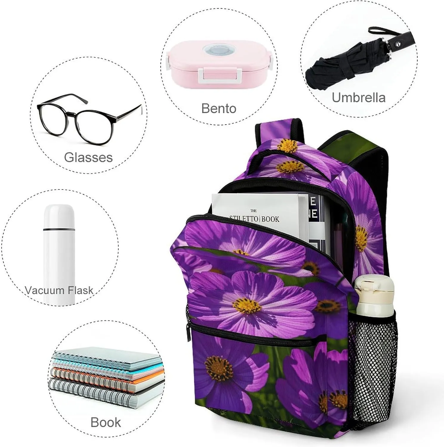 Small Backpacks Personalized Purple Flowers Printing Travel Bag Lightweight Travel Backpack For Women Men