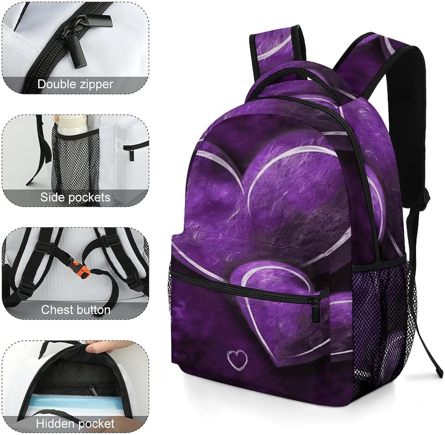 Small Backpacks Personalized Purple Hearts Printing Travel Bag Lightweight Travel Backpack For Women Men