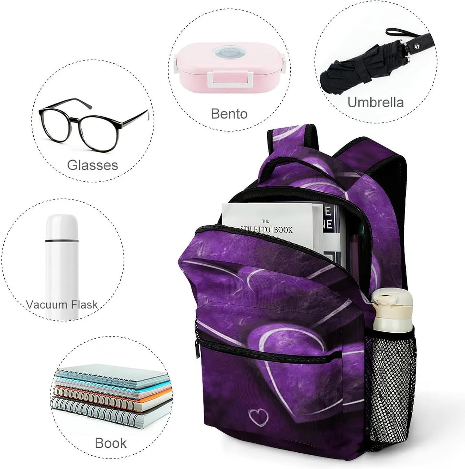 Small Backpacks Personalized Purple Hearts Printing Travel Bag Lightweight Travel Backpack For Women Men